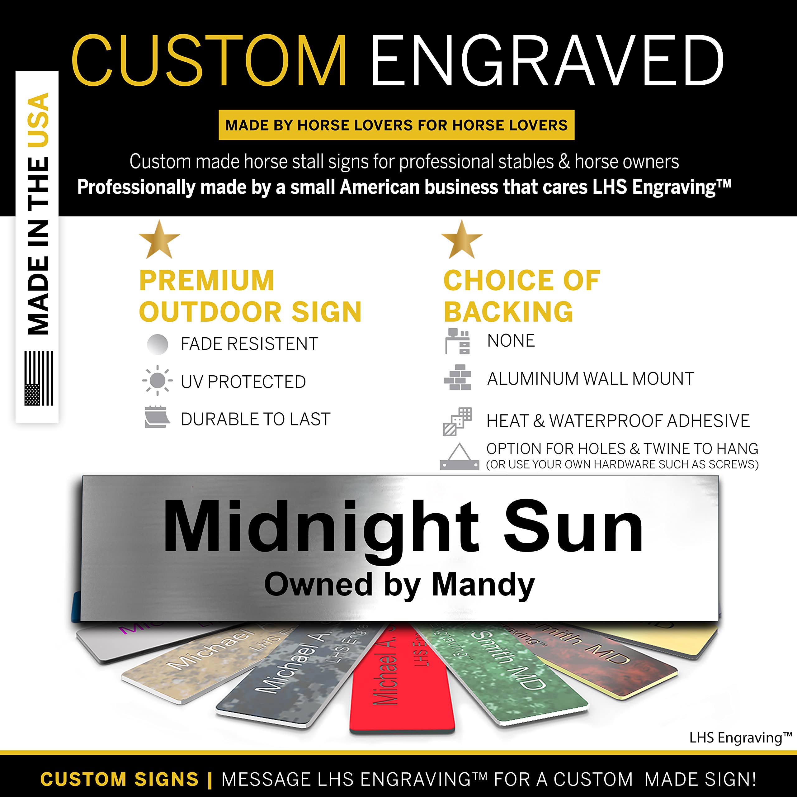 Lhs | Personalized Horse Stall Name Plates, 2X10 Horse Stall Signs With Adhesive, All Weather Uv Protected, Black Brushed Steel