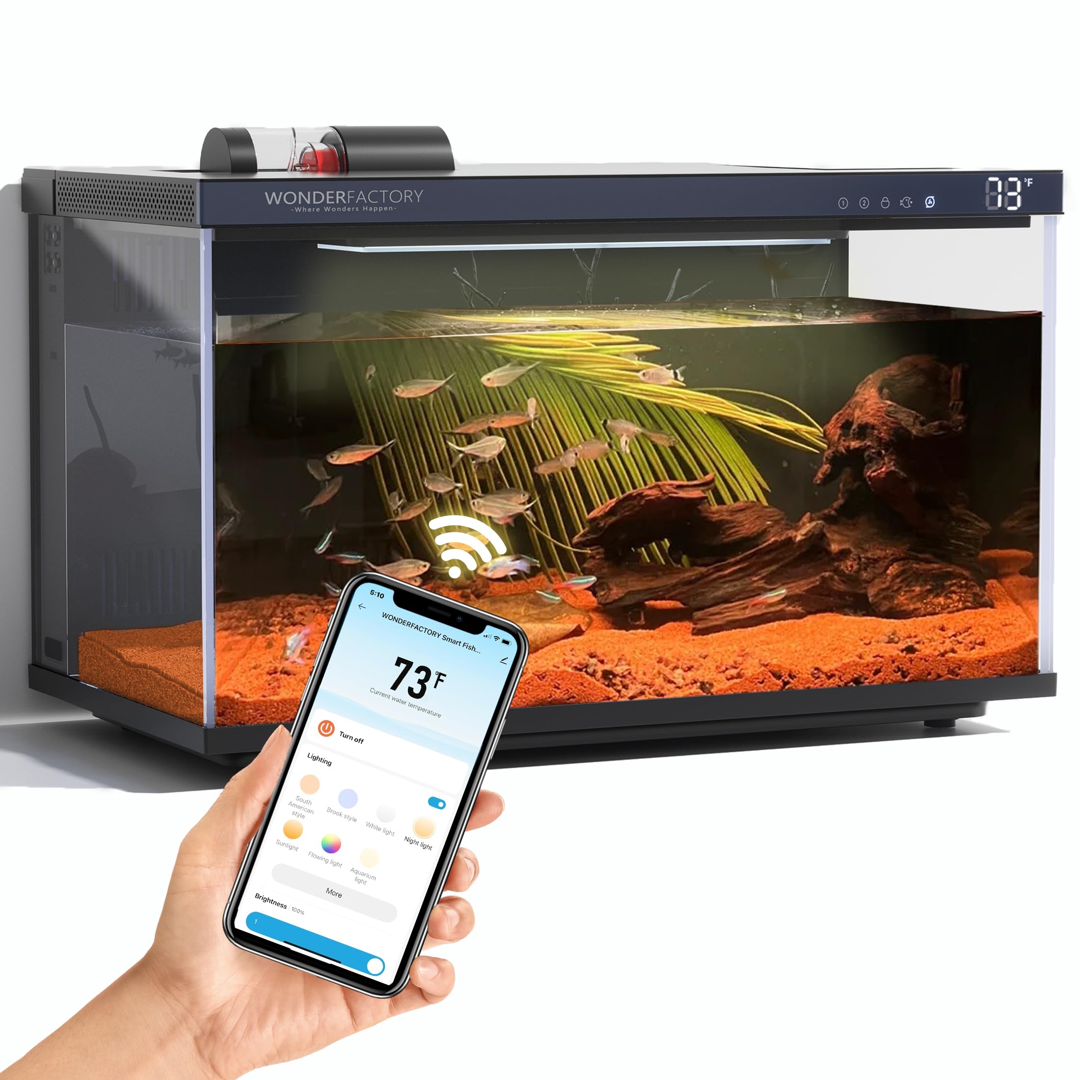 Smart Aquarium 5 Gallon Glass Fish Tank, Self Cleaning System Efficiency Filter 7 Color LED Lights Automatic Feeder Temperature 