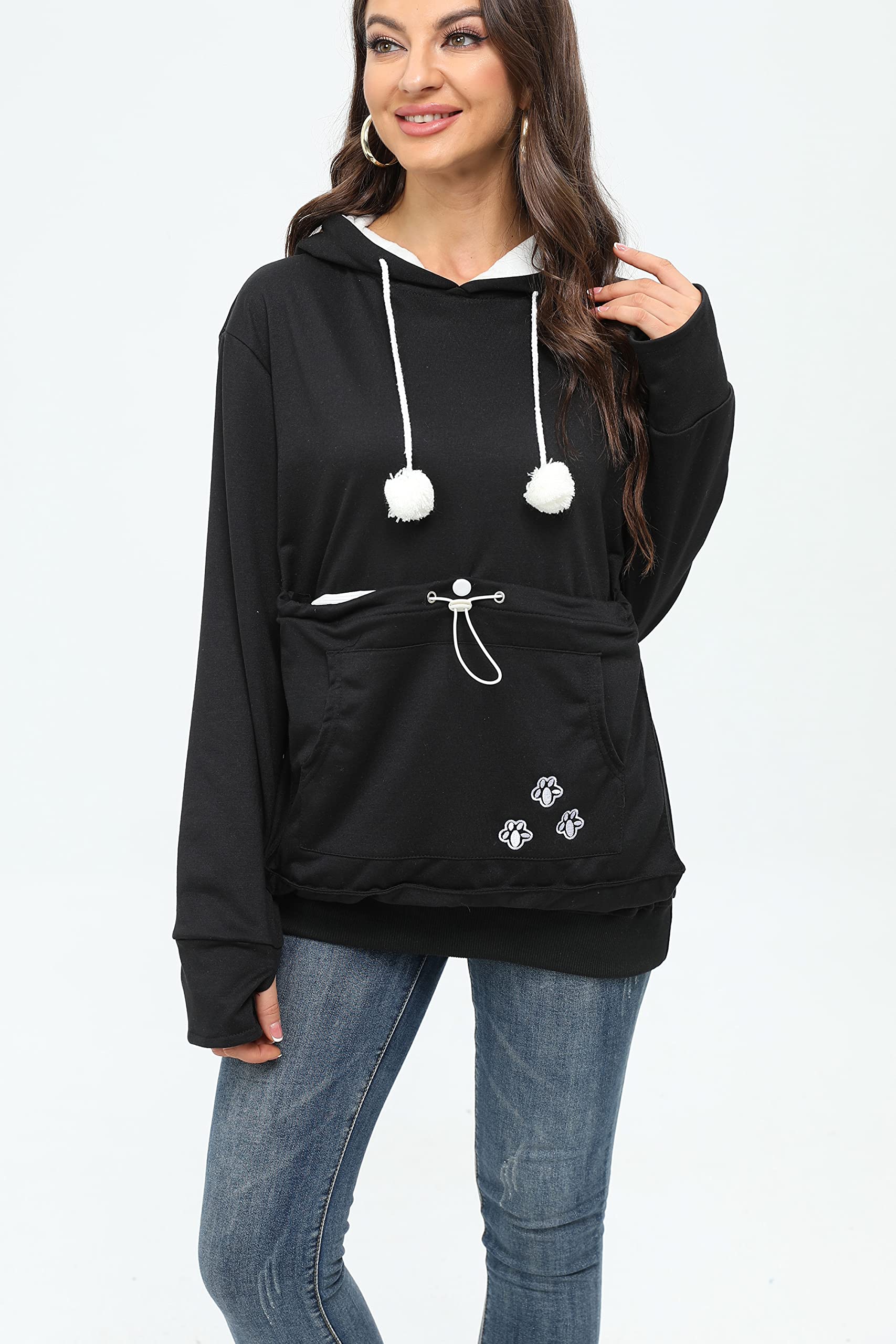 Bombaxceiba Hoodie Pet Holder Cat Dog Large Pouch Pocket Carriers Pullover With Cat Print Sweatshirt Unisex Kangaroo Pocket Small Animals Hoody Women Men (Black,Xl)