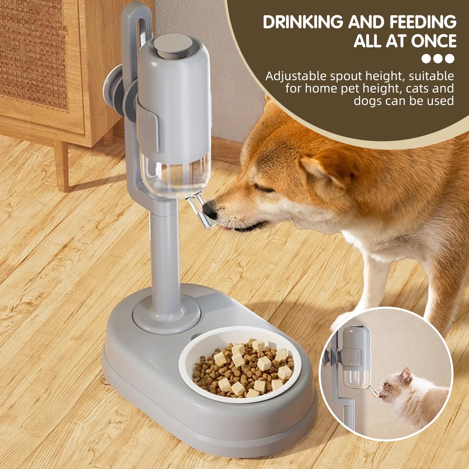 Pet Standing Water Dispenser Cat Dog Standing Ceramic Bowl Automatically Feeding Water Height Adjustable Detachable Pole (White-