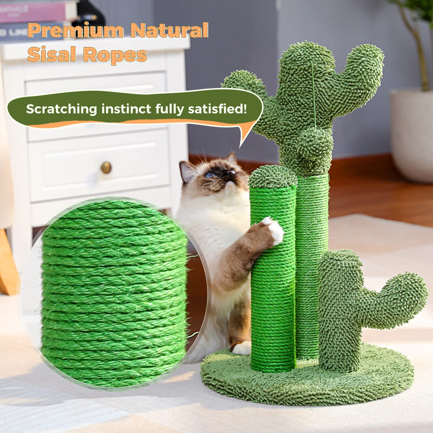 Pawz Road Cat Scratching Post Cactus Cat Scratcher Featuring With 3 Scratching Poles And Interactive Dangling Ball -Large 27 Inc