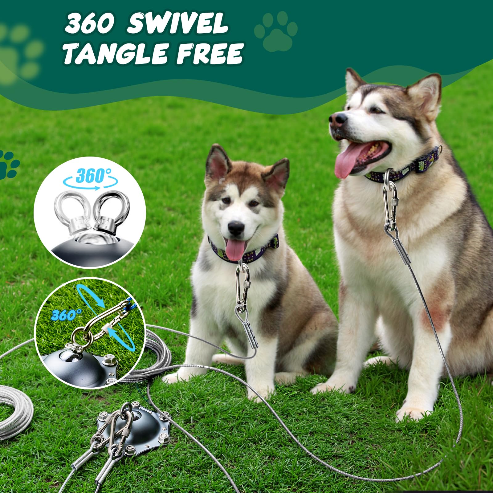Dog Tie Out Cable And Stake, 360 Swivel Dog Stake Leads For Yard Heavy Duty With Steel Wire Leash Cable 30Ft, No Tangle Dog Runn