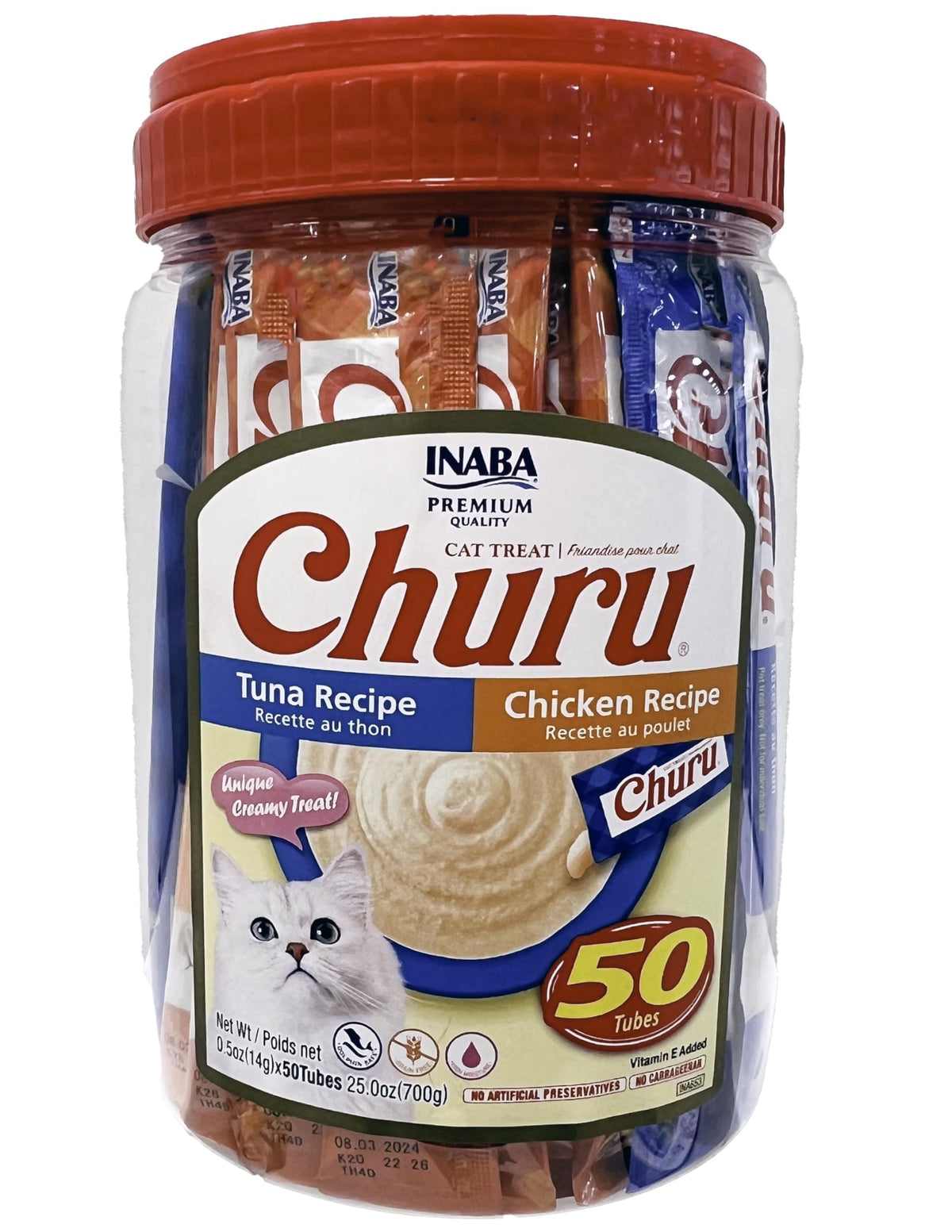 Inaba Churu Cat Treats, Grain-Free, Lickable, Squeezable Creamy Purée Cat Treat/Topper, 25 Tuna & 25 Chicken