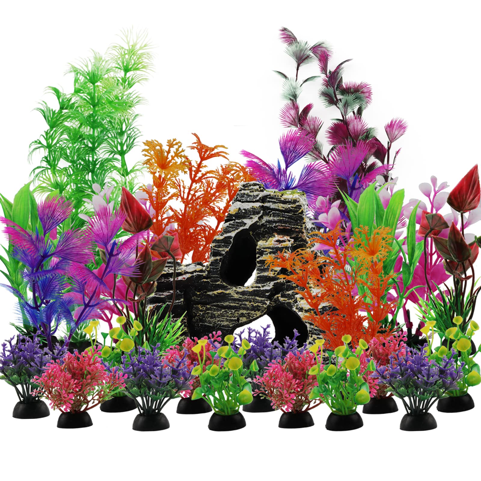 Pietypet Aquarium Decorations Plants With Rockery View, 25Pcs Aquarium Decor Plants And Rock Cave Hideout Ornaments, Fish Tank A