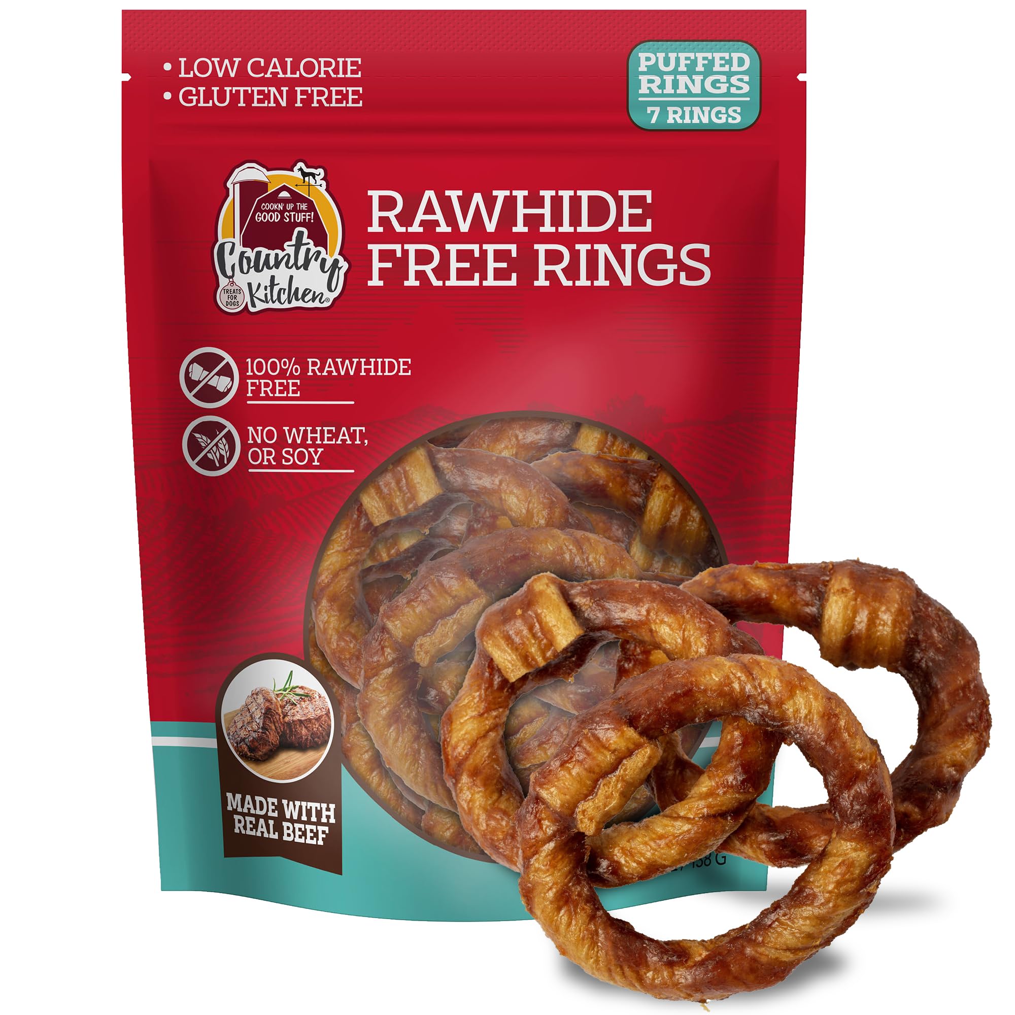 Country Kitchen Rawhide Free Rings Dog Chews, Made with Real Beef, 7 Count