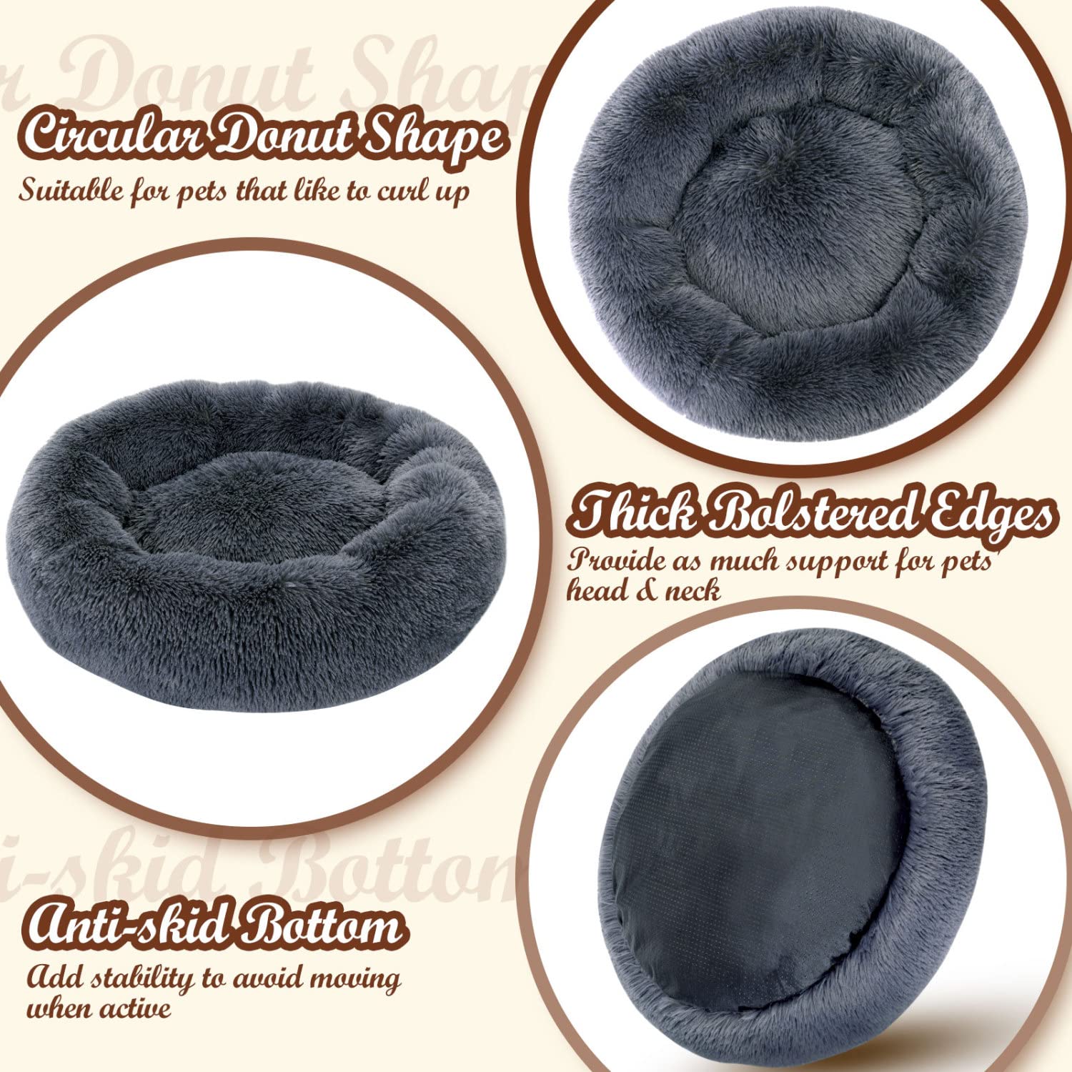 Nobleza Dog Bed For Small Dogs, Washable Soft Round Fluffy Donut Self-Warming Cat Calming Bed, Anti-Anxiety Cuddler For Indoor S