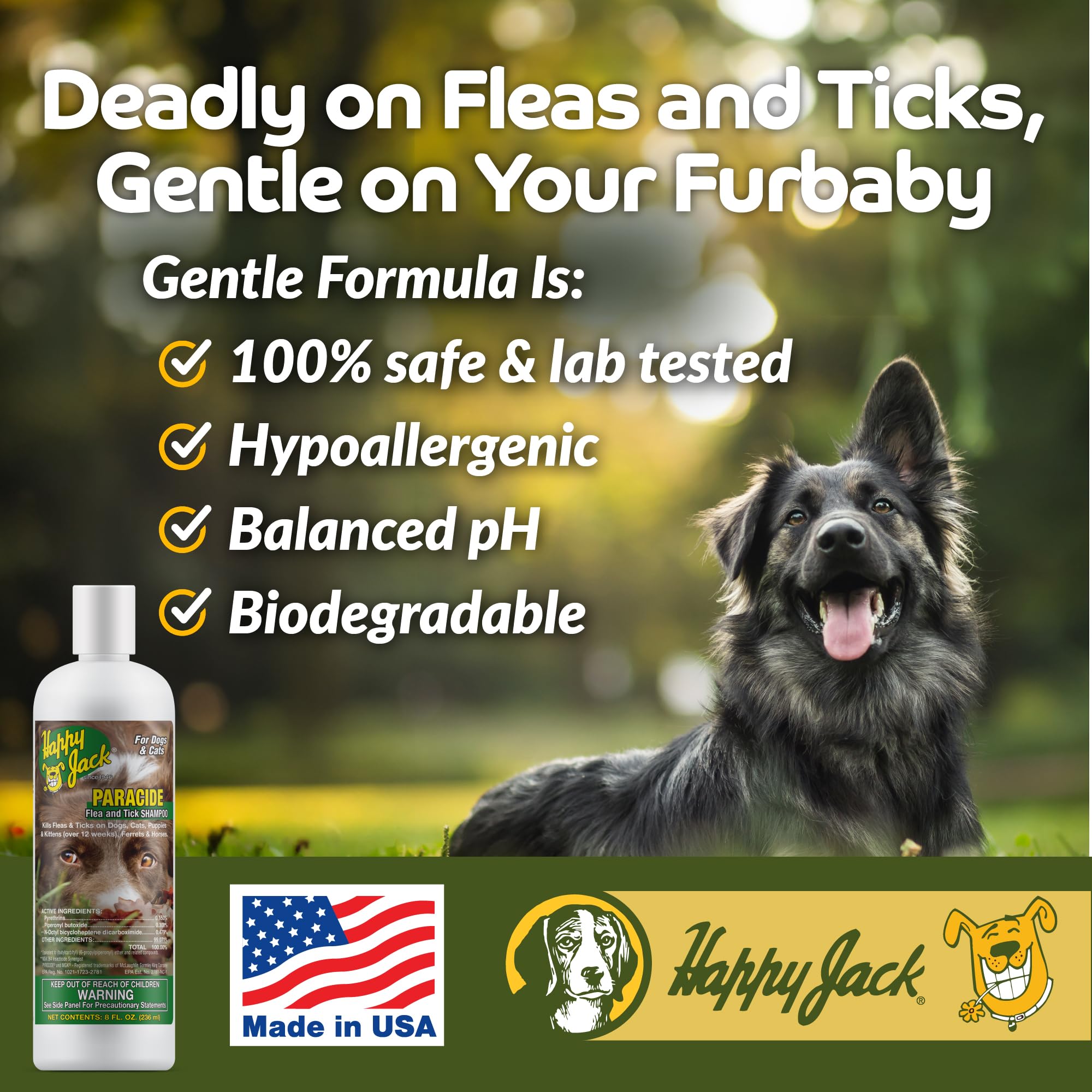 HAPPY JACK Flea & Tick Shampoo for Dogs & Cats, 8 oz - Effective Flea and Tick Prevention