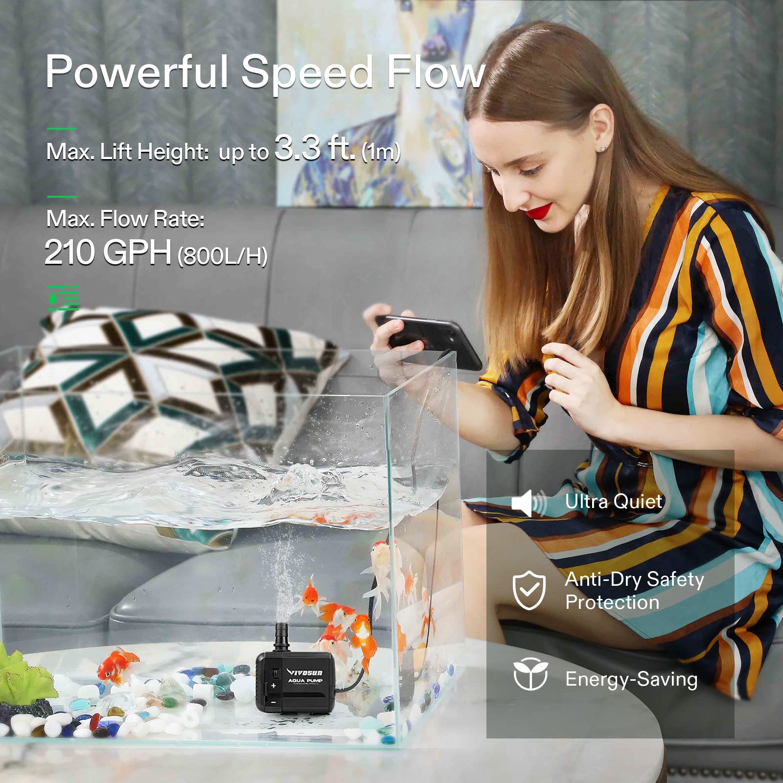 Vivosun 2-Pack 210Gph Submersible Pump(800L/H, 8W), Ultra Quiet Water Pump With 3.3Ft High Lift, Fountain Pump With 5Ft Power Cord, 2 Nozzles For Fish Tank, Pond, Aquarium, Statuary, Hydroponics