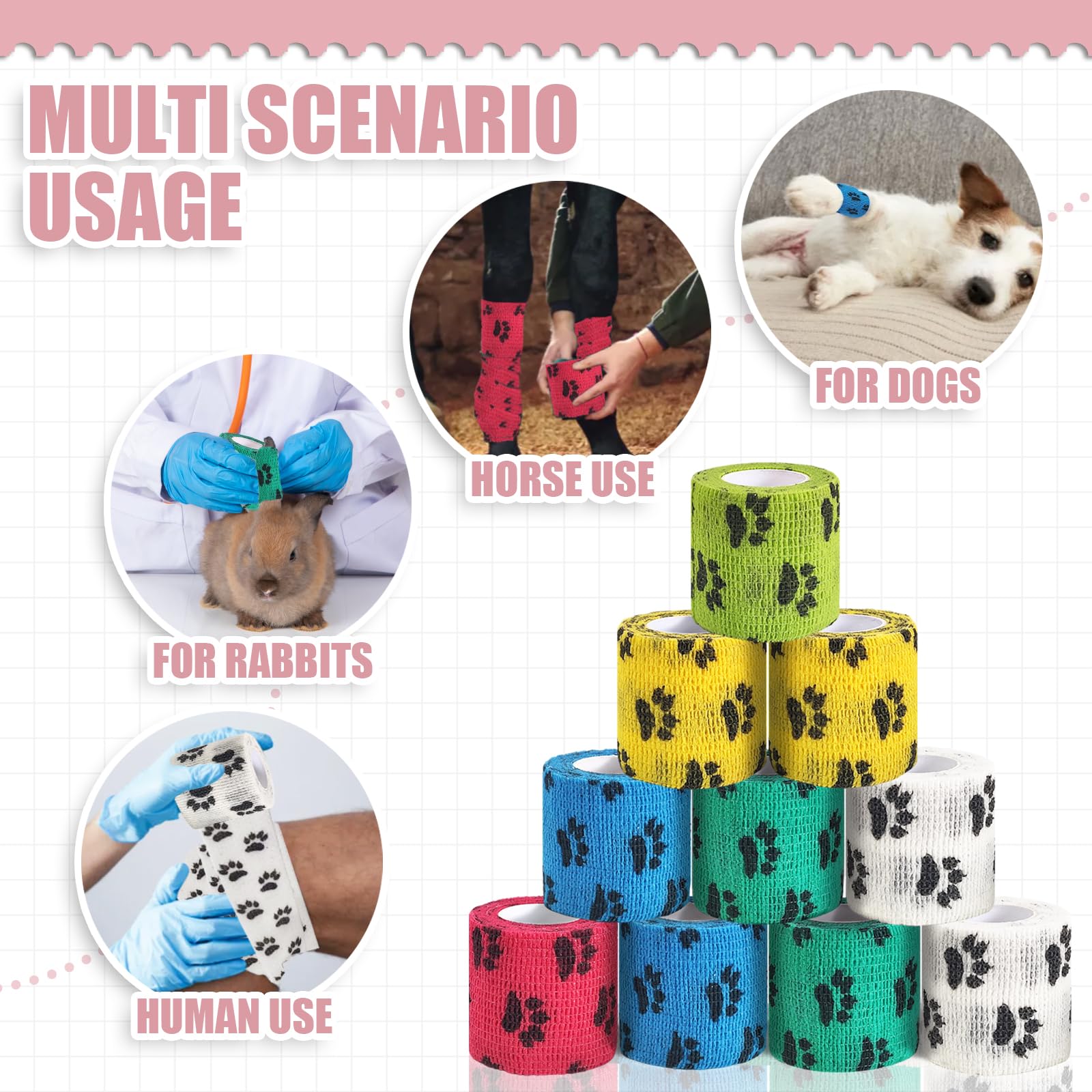 Vet Wrap for Dogs,Bandage Wrap,12Pcs 2 Inches X 5 Yards Pet PreWrap Cohesive Bandages Bulk Self Adhesive Dog Paw Protector for H