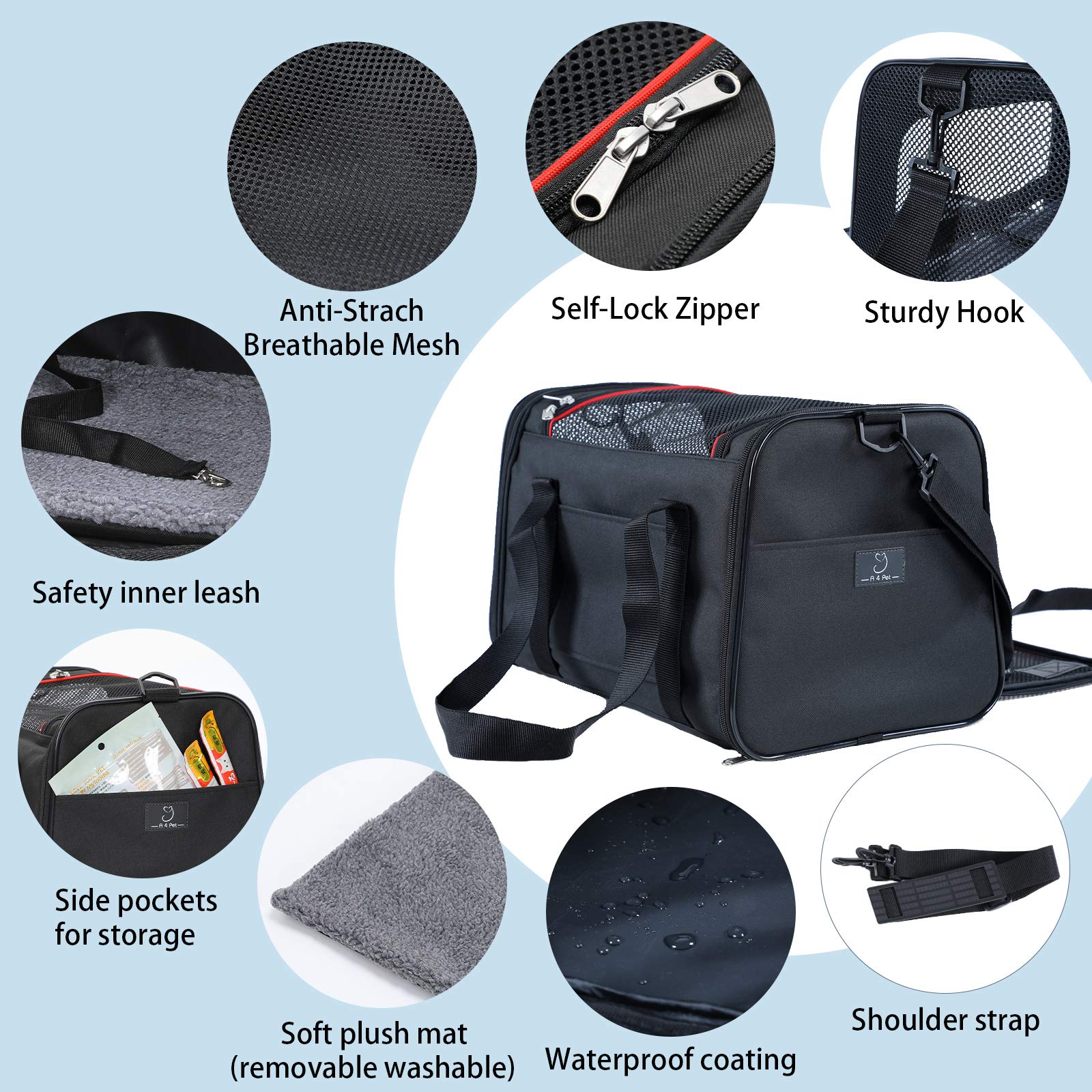 A 4 Pet Black Soft-Sided Cat Carrier - Airline Approved, Portable, Washable, Size M for Kittens, Puppies, Rabbits, and Hamsters