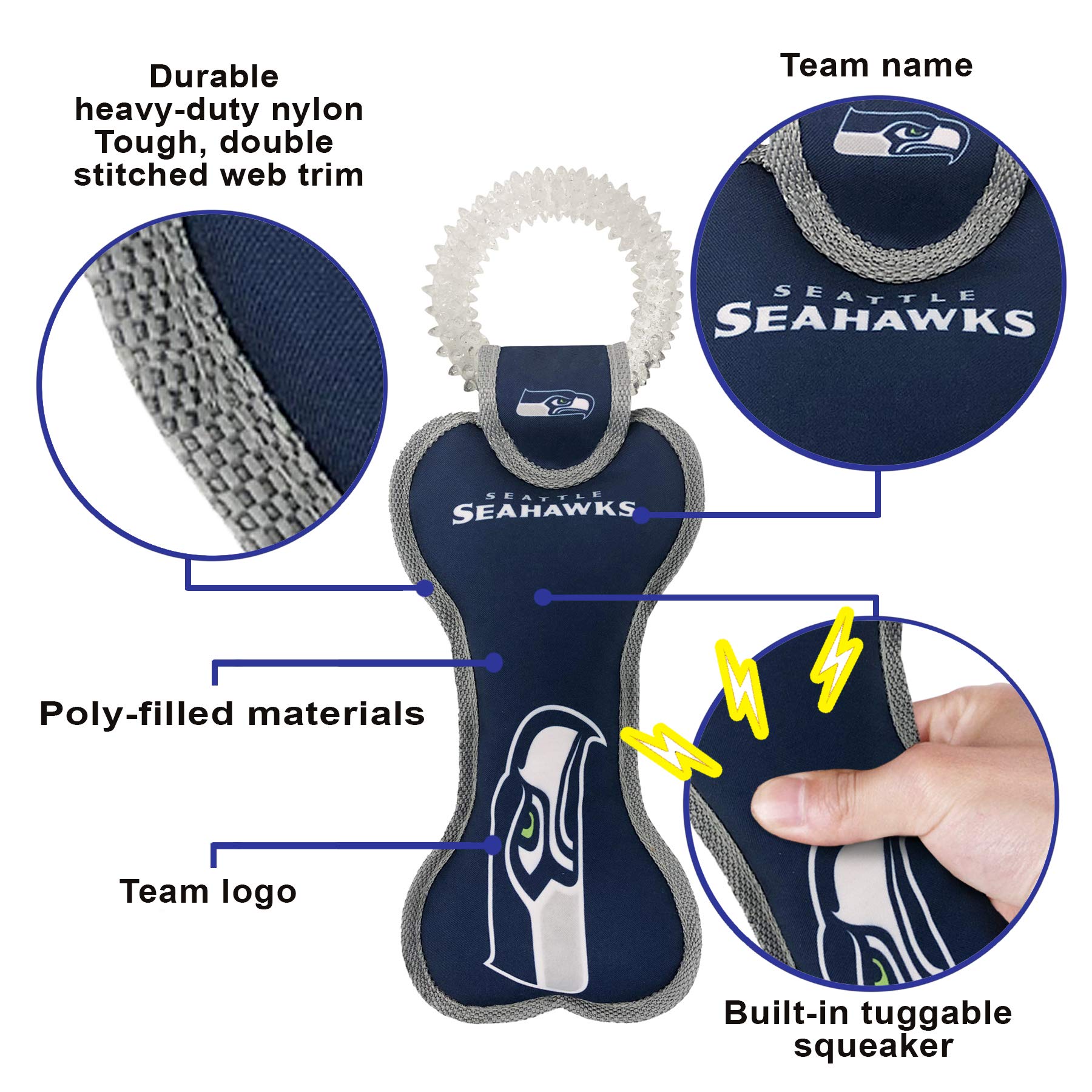 Pets First NFL Seattle Seahawks Dental Dog TUG Toy with Squeaker. Tough PET Toy for Healthy Fun, Teething & Cleaning Pet's Teeth