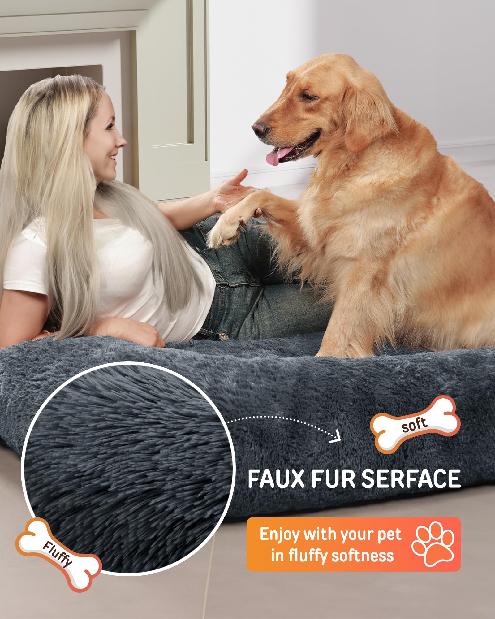 YEFU Human Dog Bed - Orthopedic Foam, Faux Fur, XX-Large 79"x45"x12", Dark Grey, Model BE3501