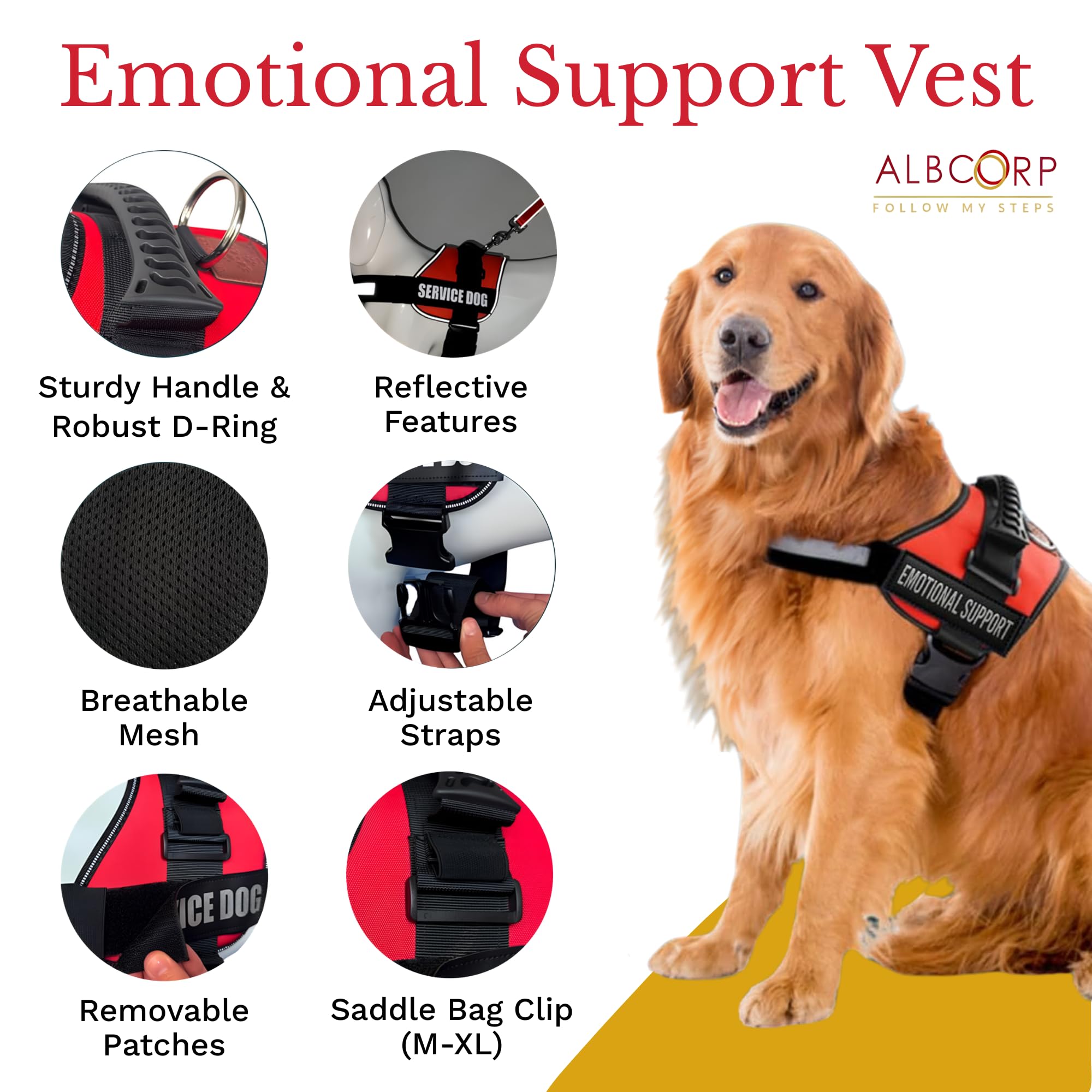Albcorp Emotional Support Dog Vest - Reflective Harness With Adjustable Straps And 2 Hook And Loop Removable Patches, Woven Polyester & Nylon, Comfy Mesh Padding, Sturdy Handle. Large, Red