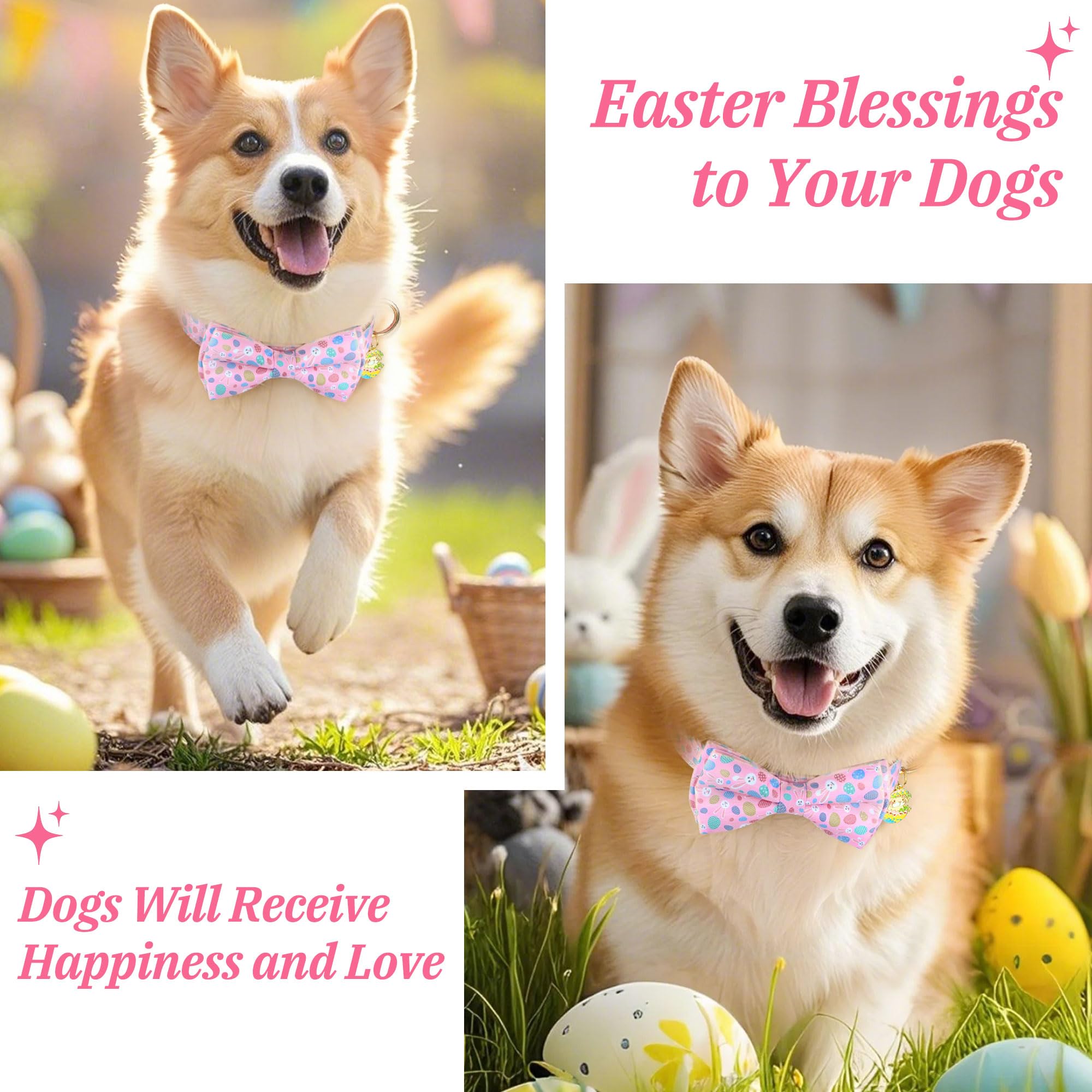 Wipalor Easter Rabbits Eggs Adjustable Dog Collar Girl Boy Puppy With Detachable Bowtie, Cute Easter Bunny Pet Collar Dog Collar
