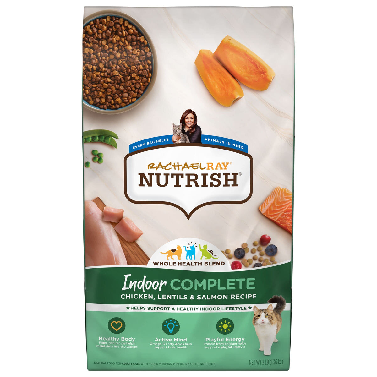 Rachael Ray Nutrish Indoor Complete Premium Natural Dry Cat Food, Chicken With Lentils & Salmon Recipe, 3 Pound Bag
