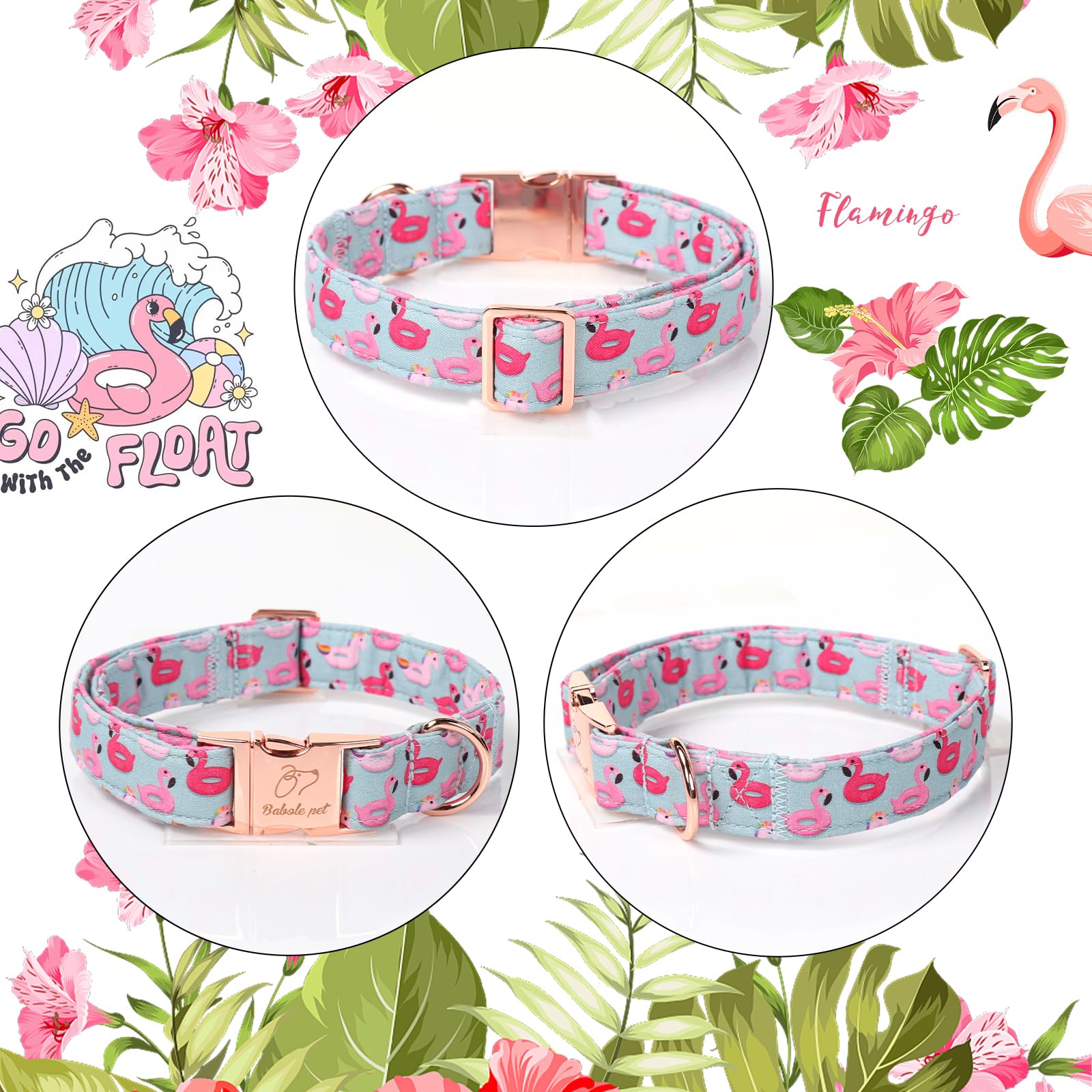 Babole Pet Adjustable Summer Dog Collar - Cute Pink Flamingo Dog Collars For Medium Dogs, Durable Boy Girl Dogs Heavy Duty Metal