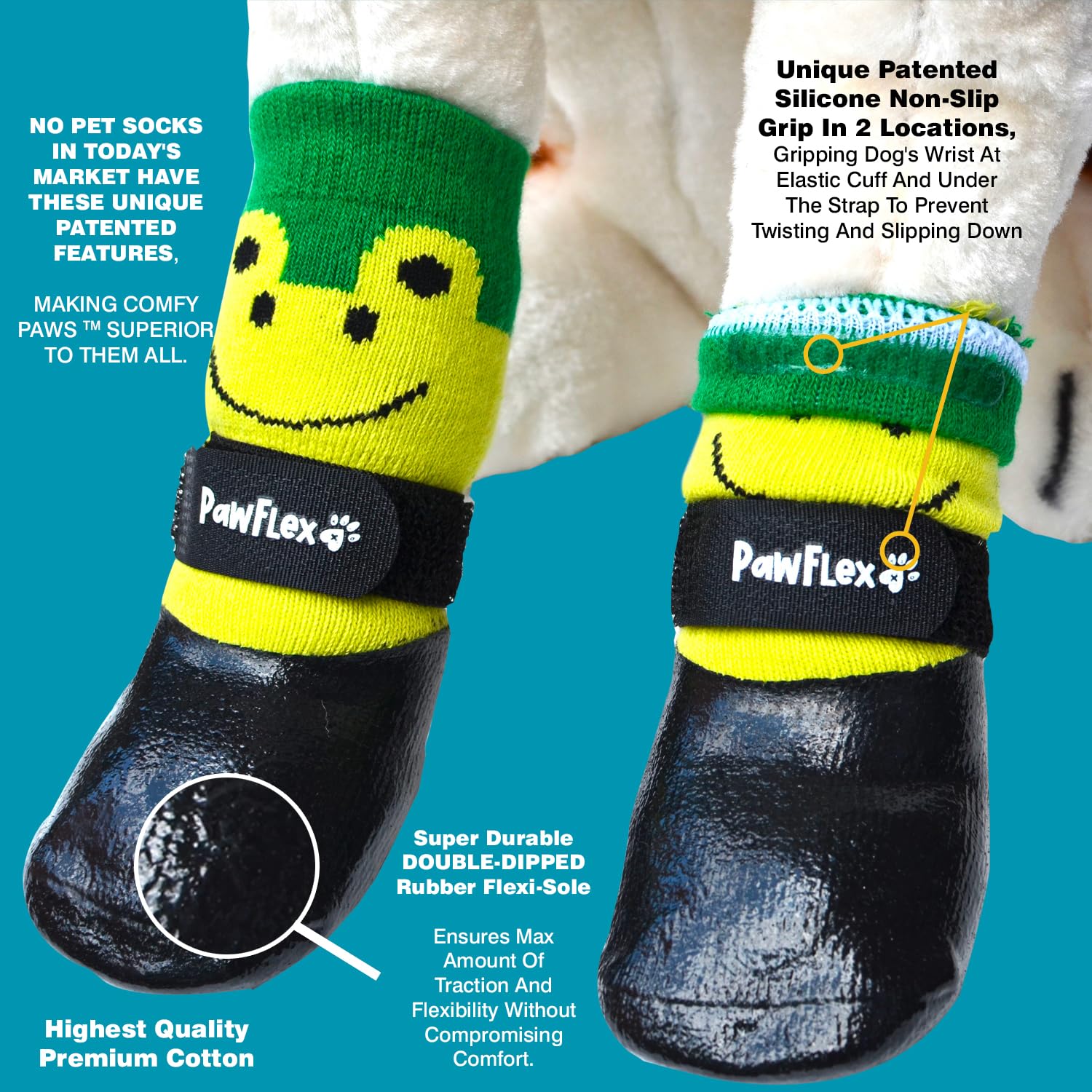 PawFlex Double Dipped Waterproof Dog Socks Comfy Pawz Soft Indoor/Outdoor Dog Booties with Rubberized Bottom| Non-Slip Silicone