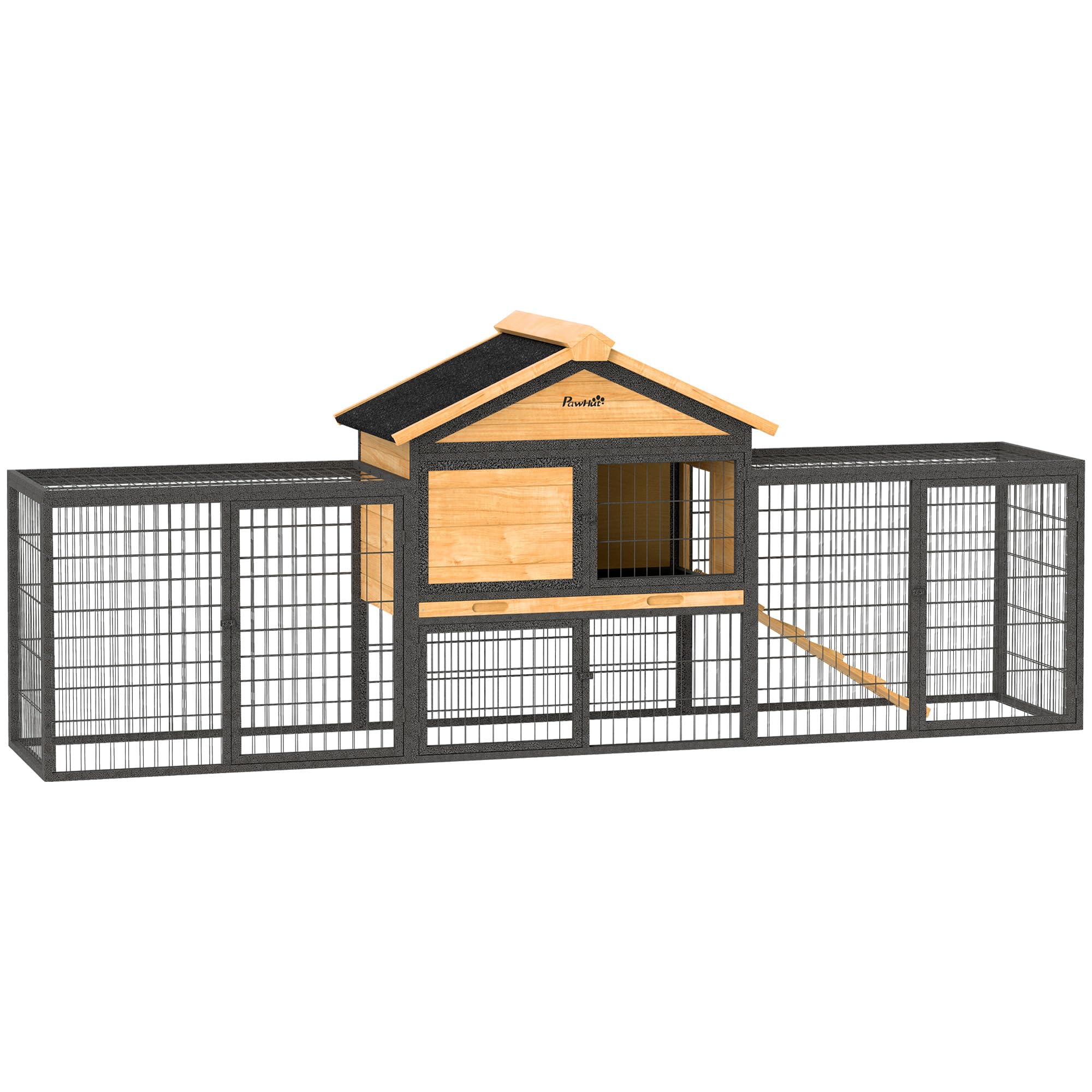 Pawhut Rabbit Hutch Outdoor, 85'' Large Wooden Bunny Cage With Steel Run, Removable No Leakage Tray, Waterproof Roof, Ramp, Meta