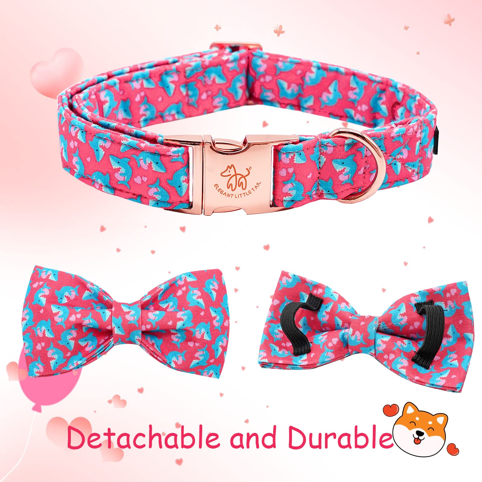 Elegant Little Tail Mother'S Day Heart Dog Collar With Bow, Cute Pink Small Dog Collar, Adjustable, Durable Cotton Construction,