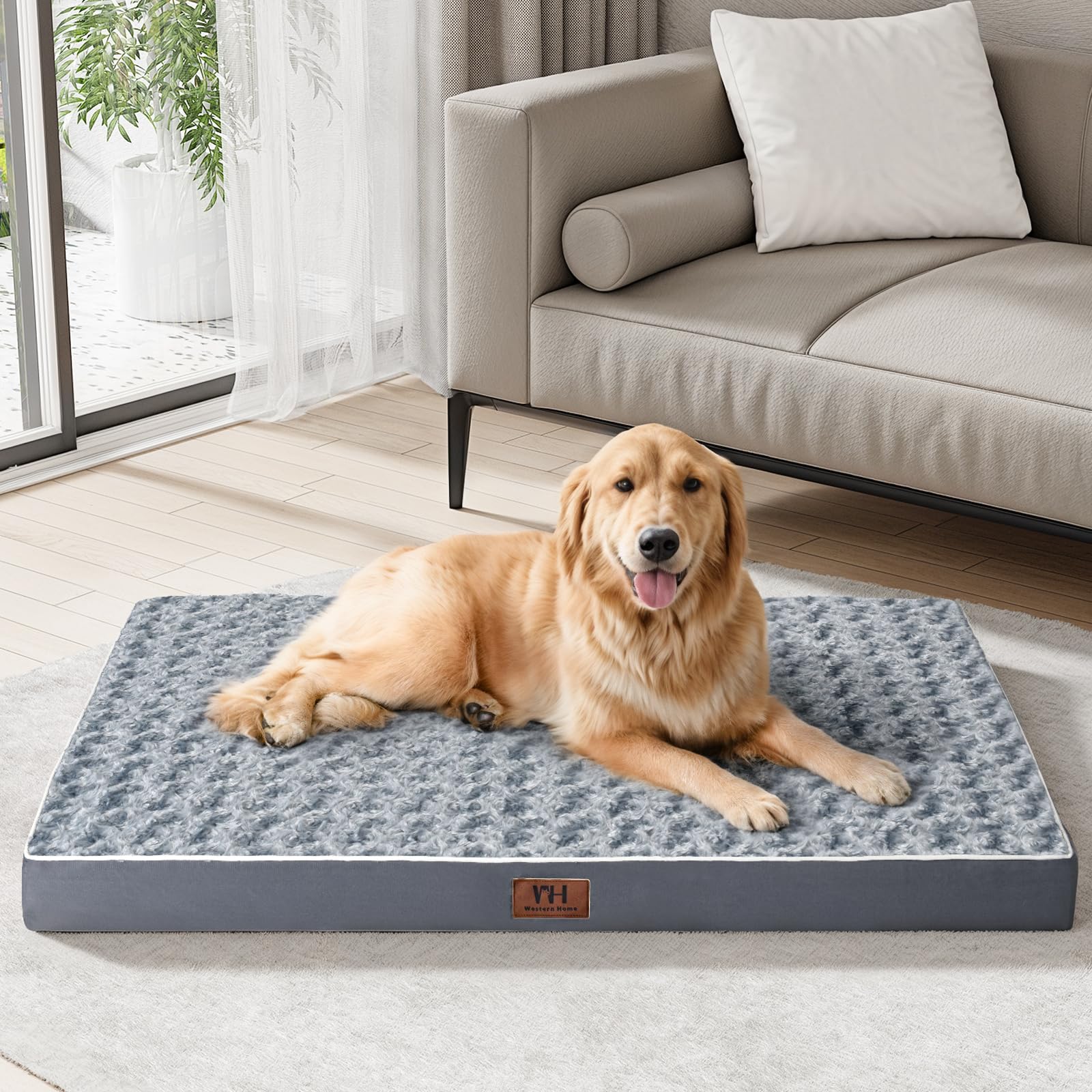 Western Home Wh Large Dog Bed For Large Dogs, Dog Beds Large Sized Dog With Soft Rose Plush Removable Washable Cover, Orthopedic Egg Crate Foam Support And Non-Slip Bottom, Waterproof Pet Bed Mat