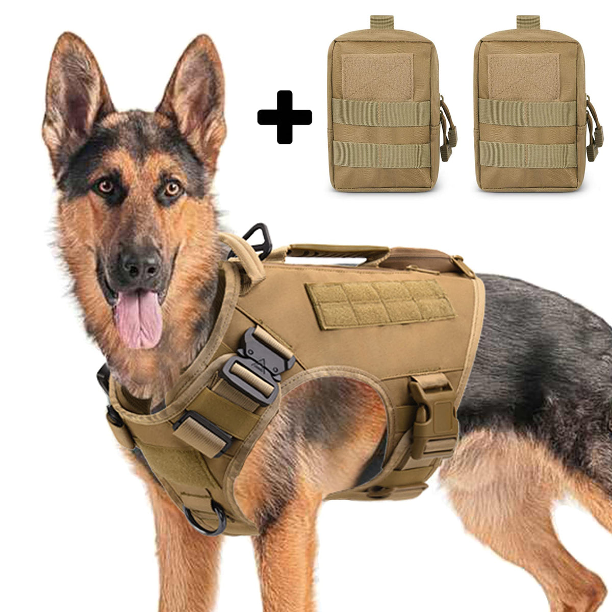 Tactical Dog Harness For Medium And Large Dogs No Pull Adjustable Dog Vest For Training Hunting Walking Military Dog Harness With Handle Service Dog Vest With Molle Panels Khaki,L,With 2 Pouches