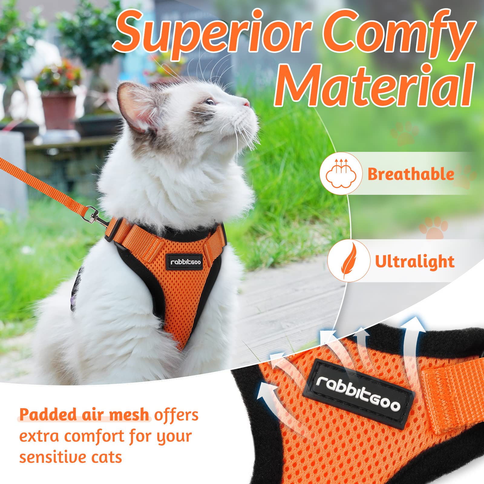 Rabbitgoo Cat Harness And Leash For Walking, Escape Proof Soft Adjustable Vest Harnesses For Cats, Easy Control Breathable Reflective Strips Jacket, Orange, S