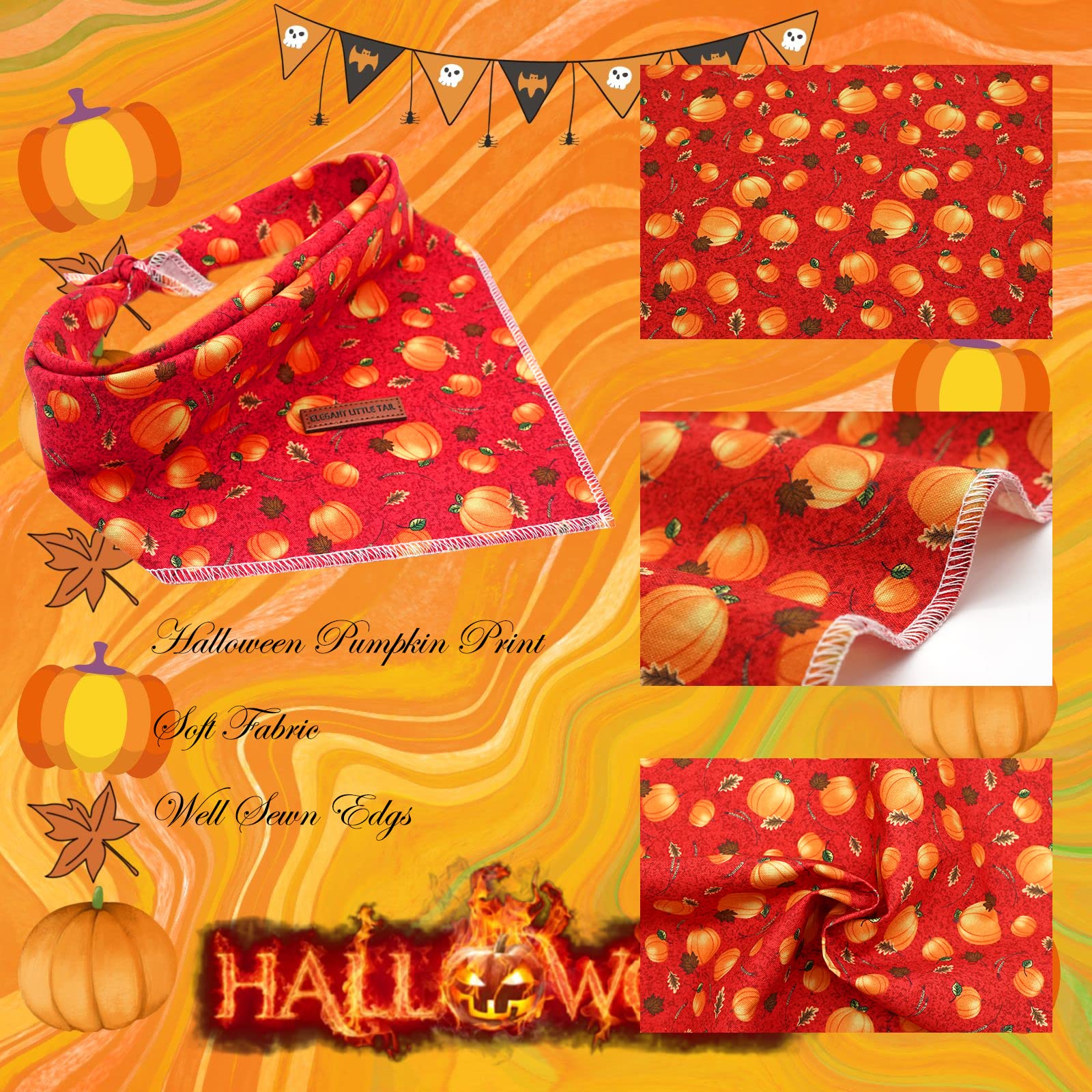 Elegant Little Tail Dog Bandana, Halloween Pumpkin Girl Boy Dog Bandanas For Small Medium Large Dogs Washable Square Dog Scarf Adjustable Dog Kerchief