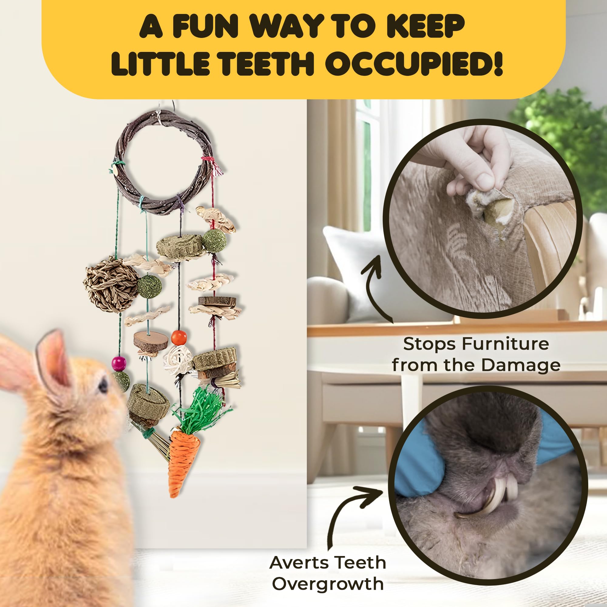 Sungrow Cage Hanging Rabbit Chew Toy, Handwoven Space-Saving Enclosure Accessory, Wooden Discs, Loofah Slices, Grass Ball & Comp