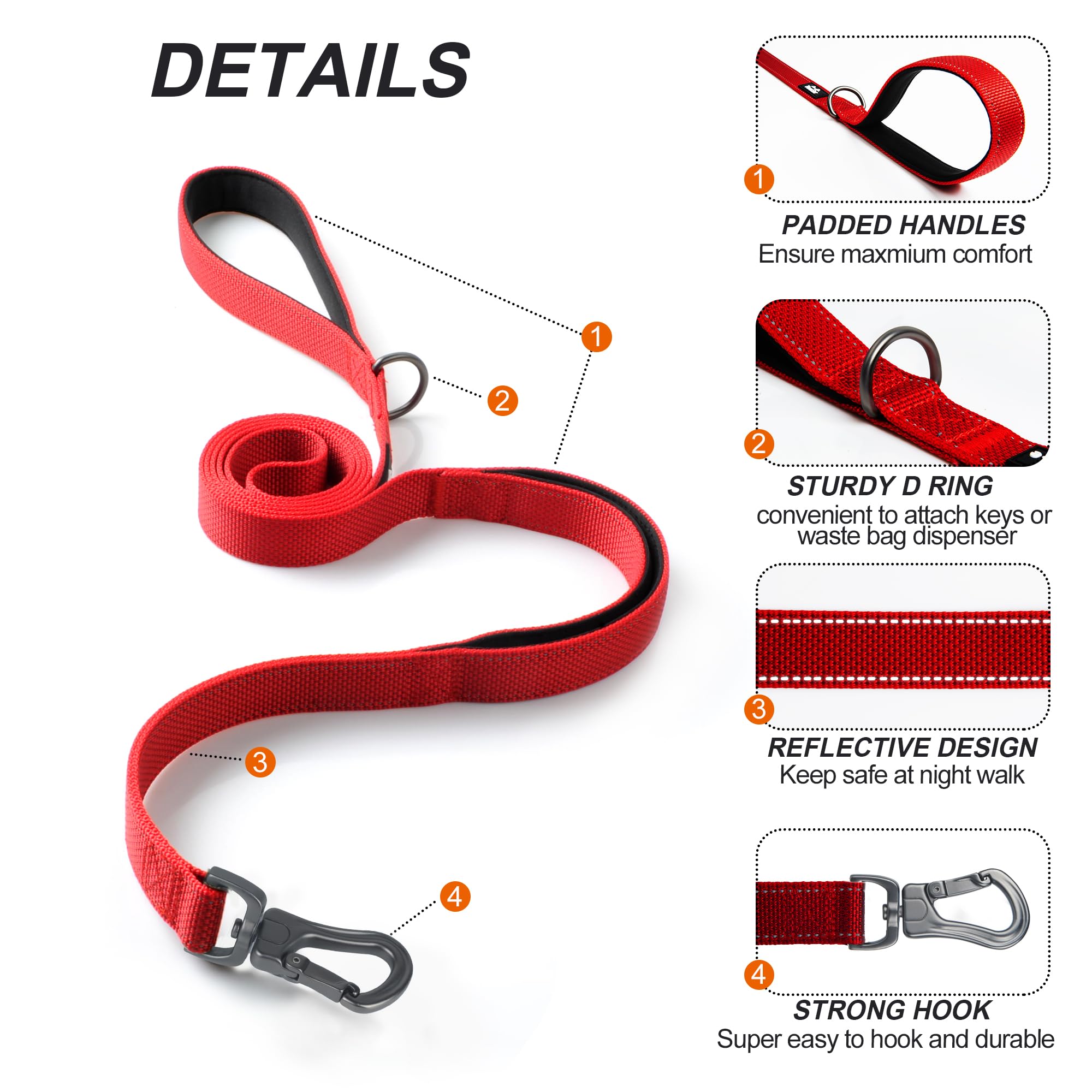 TwoEar Red Dog Leash - 4FT 1IN Nylon with 2 Padded Handles & Traffic Control for Small, Medium & Large Dogs