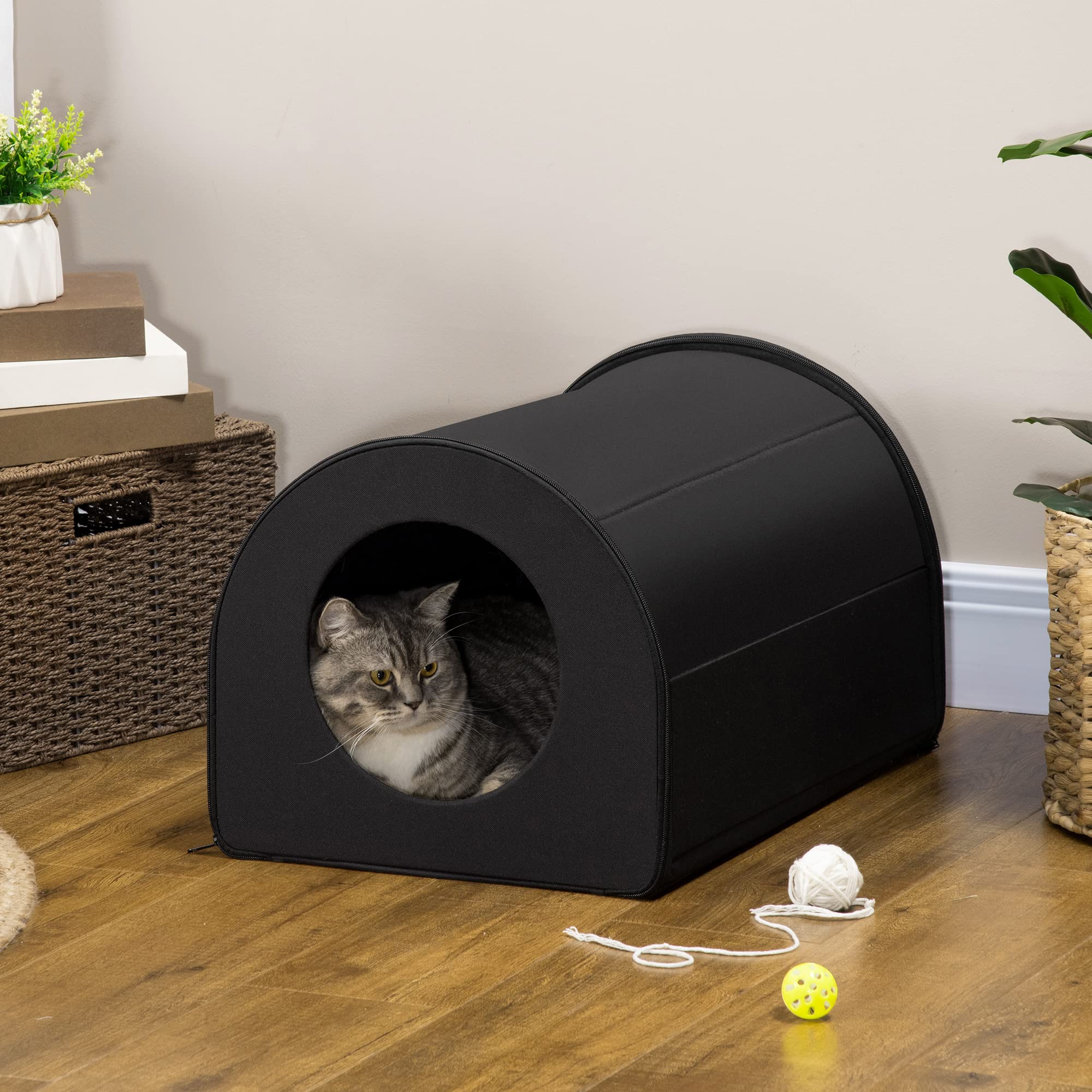 Pawhut Dome Heated Cat House Portable And Waterproof Pet Shelter For Kitty In Winter, Black