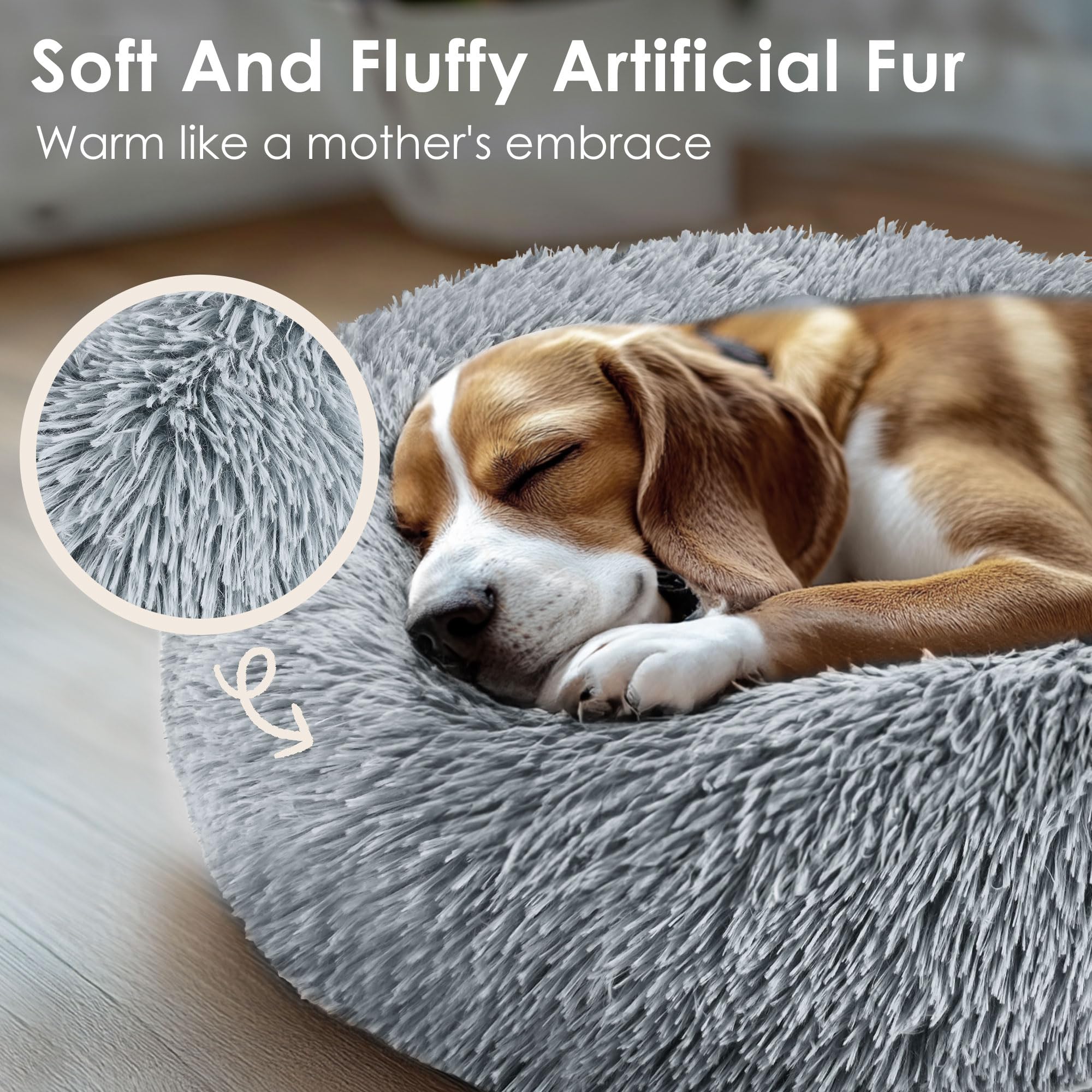 Dogs Bed For Small Dogs, Anti-Anxiety Washable Round Bed (Light Grey, 24.0'' L X 24.0'' W X 8.0'' Th)