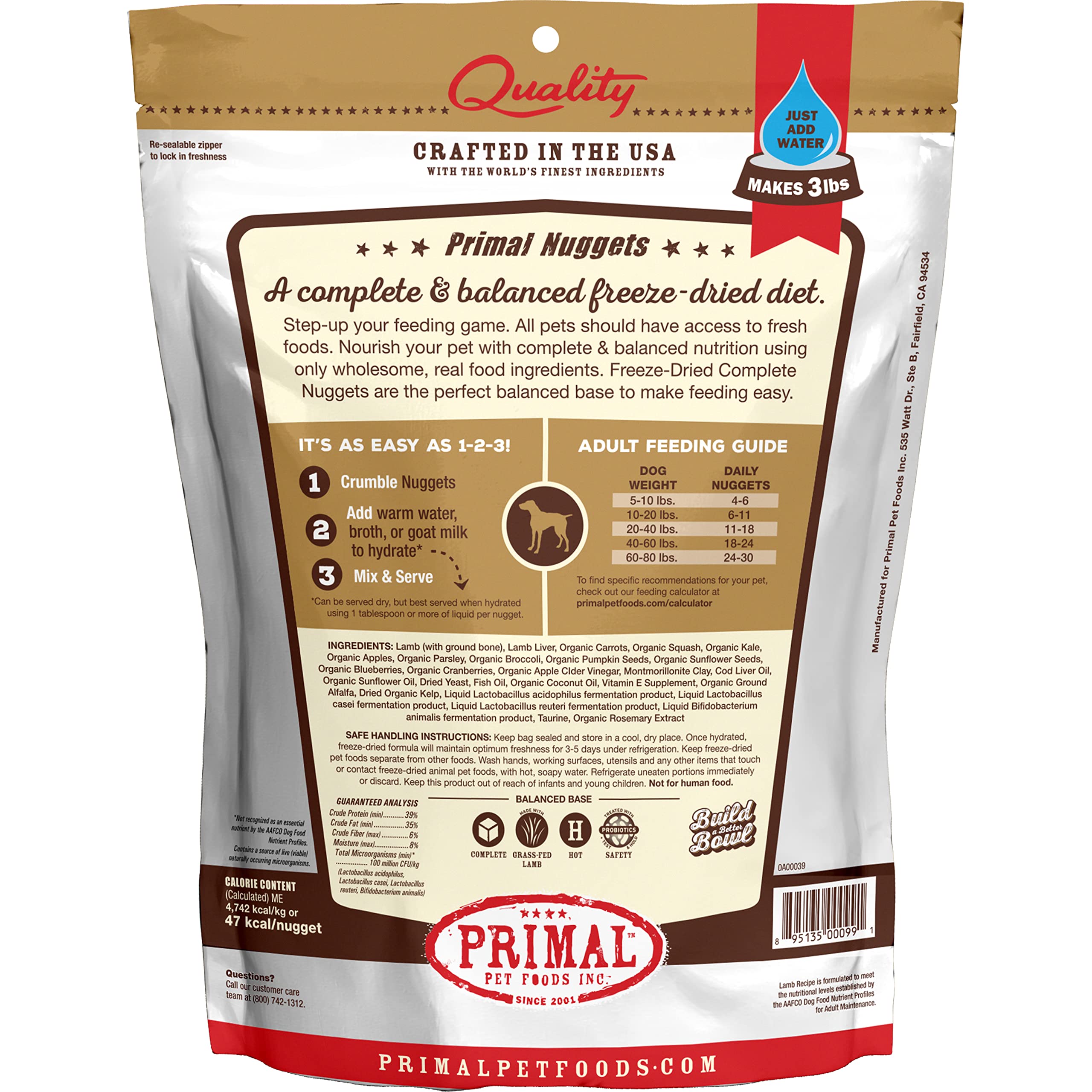 Primal Freeze Dried Dog Food Nuggets, Lamb, Grain Free, 14 oz (Pack of 2) - Healthy Raw Dog Food, Made in the USA
