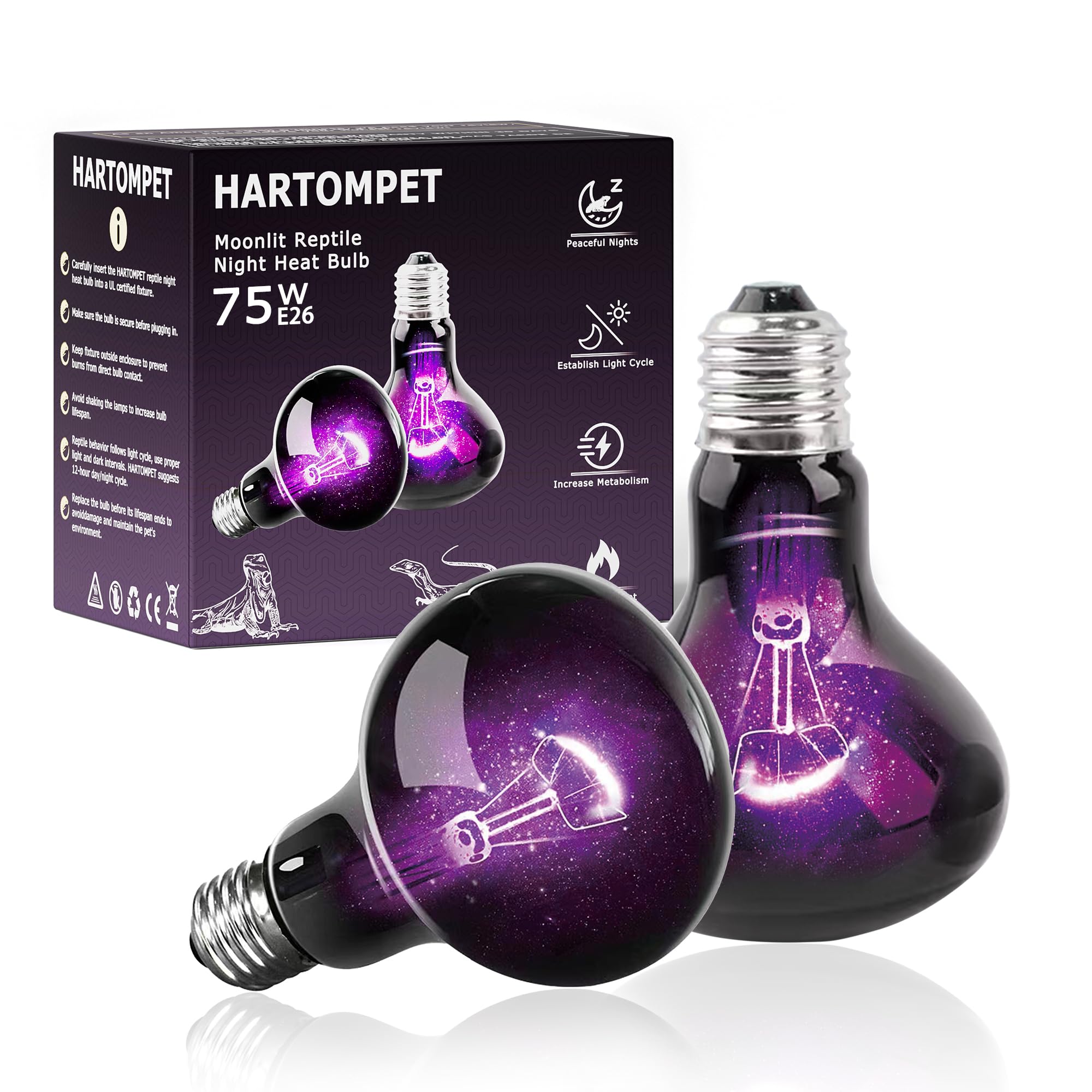 HARTOMPET 75W Reptile Night Light Bulb, UVA Heat Lamp - Simulate Natural Moonlight, Purple Basking Lamp for Bearded Dragon, Liza