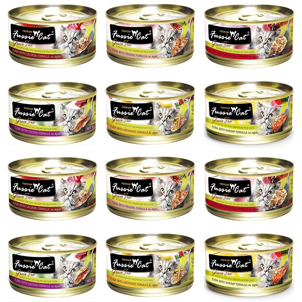 Fussie Cat Premium Grain-Free Canned Wet Food Variety Bundle - 2.8 Oz. - Tuna with Chicken, Tuna with Shrimp, Tuna with Oceanfis