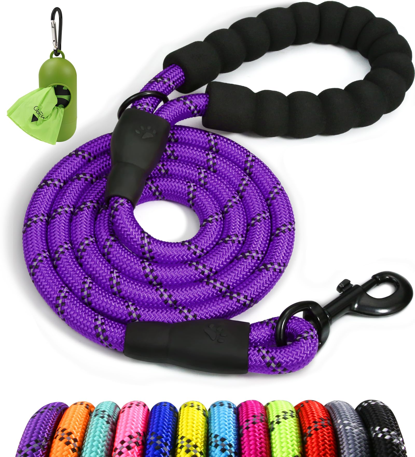 Taglory Rope Dog Leash 5 Ft With Comfortable Padded Handle, Highly Reflective Threads Leash For Medium Large Dogs, 1/2 Inch, Pur