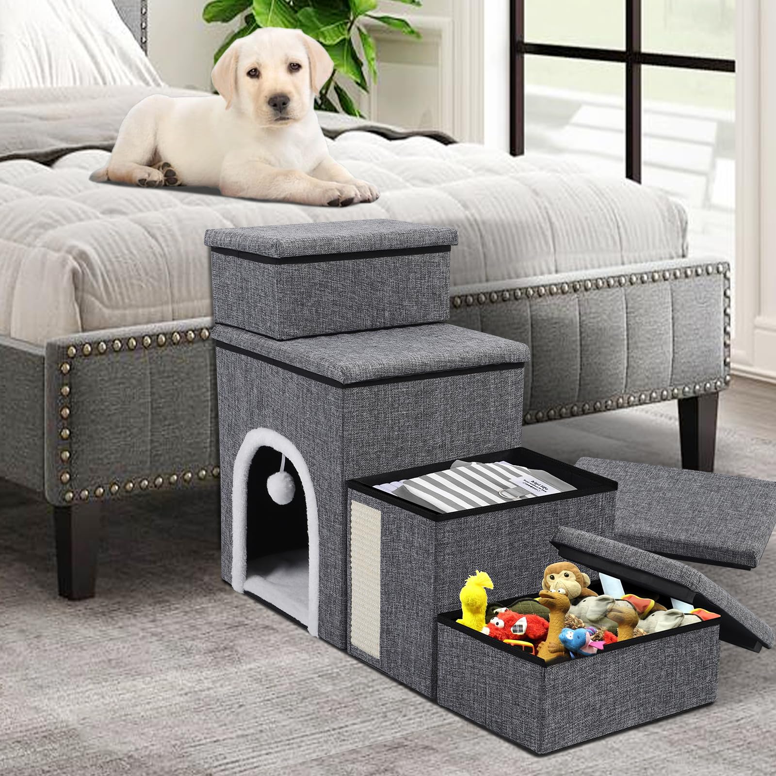 Dog Stairs For Bed And Couch 23H, Foldable Dog Stairs For Small Older Dogs, 4 In 1 Adjustable Pet Cat Steps Ramps With Storage,