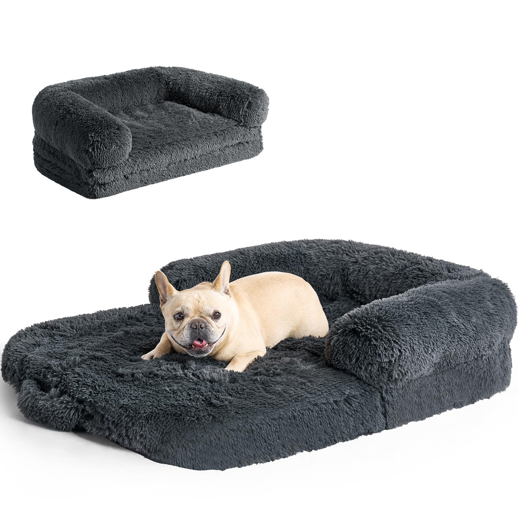 Eheyciga Foldable L Dog Bed, Faux Fur Fluffy Dog Couch Bed, Orthopedic Calming Memory Foam L Pet Bed For Large Dogs, Washable So