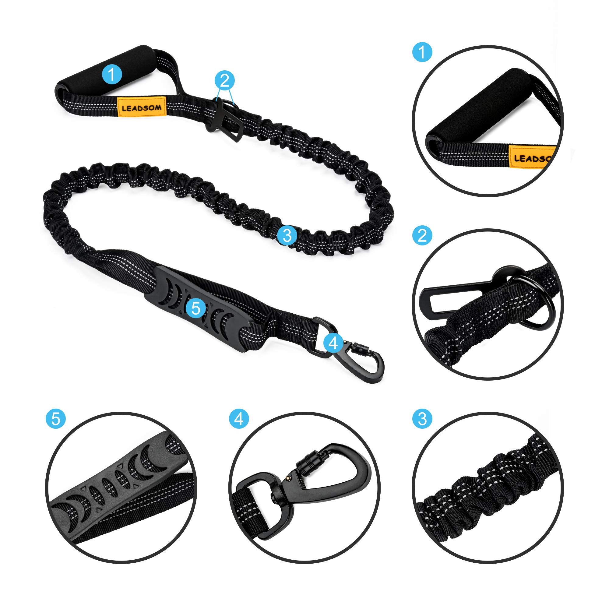 LEADSOM 6FT Dog Leash, Heavy Duty Elastic with Shock Absorbing Padded Handle, Black Nylon for Medium and Large Dogs
