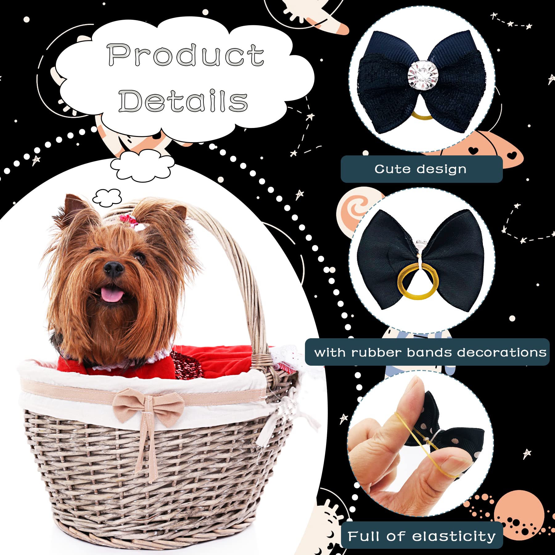 Jpgdn 30Pcs/15Pairs Black Dog Hair Bows With Rubber Bands Puppy Hair Bowknot Top Knot Elastic For Girl Female Doggy Cat Rabbit Poodle Pet Animal Grooming Accessories Attachment