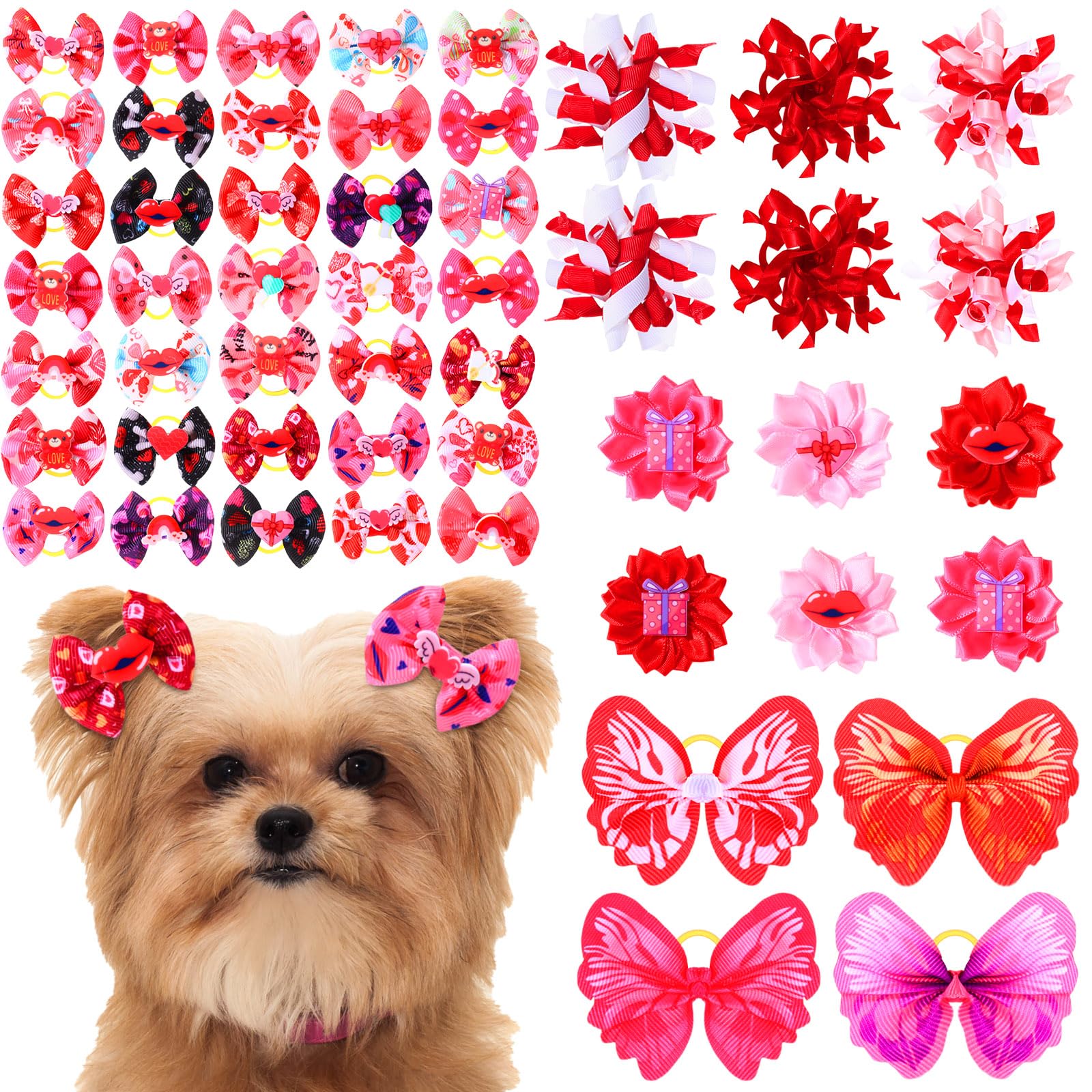 Wavwavw 52 Valentines Dog Hair Bows Bulk With Rubber Bands Valentine Heart Dog Grooming Bows Holiday Party Cute Pet Puppy Cat He