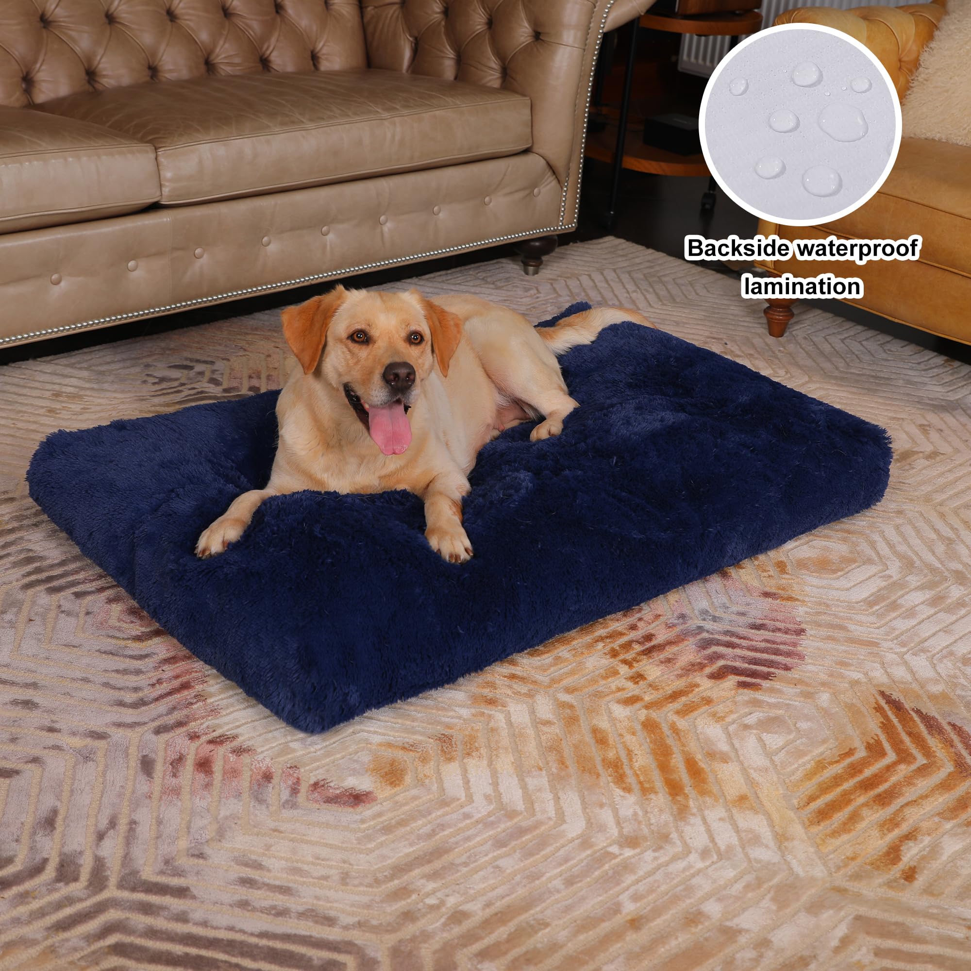 Bedfolks Waterproof Dog Crate Pad, Plush Washable Kennel Bed, Faux Fur, 47''X29'', Dark Blue