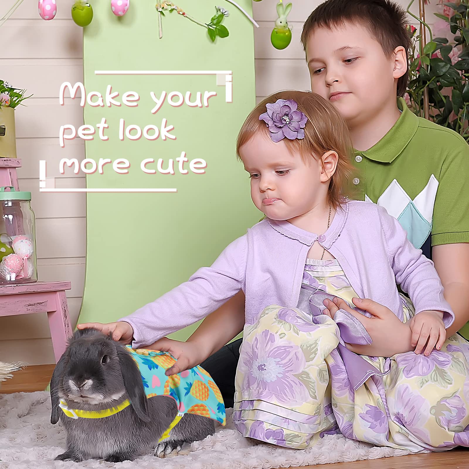 3 Piece Cute Rabbit Leash And Harness Set, Bunny Rabbit Dress Clothes Walking Harness Vest Escape Proof Pet Supply For Rabbit Hedgehog Ferret Guinea Pig (Cake, Bunny, Pineapple)