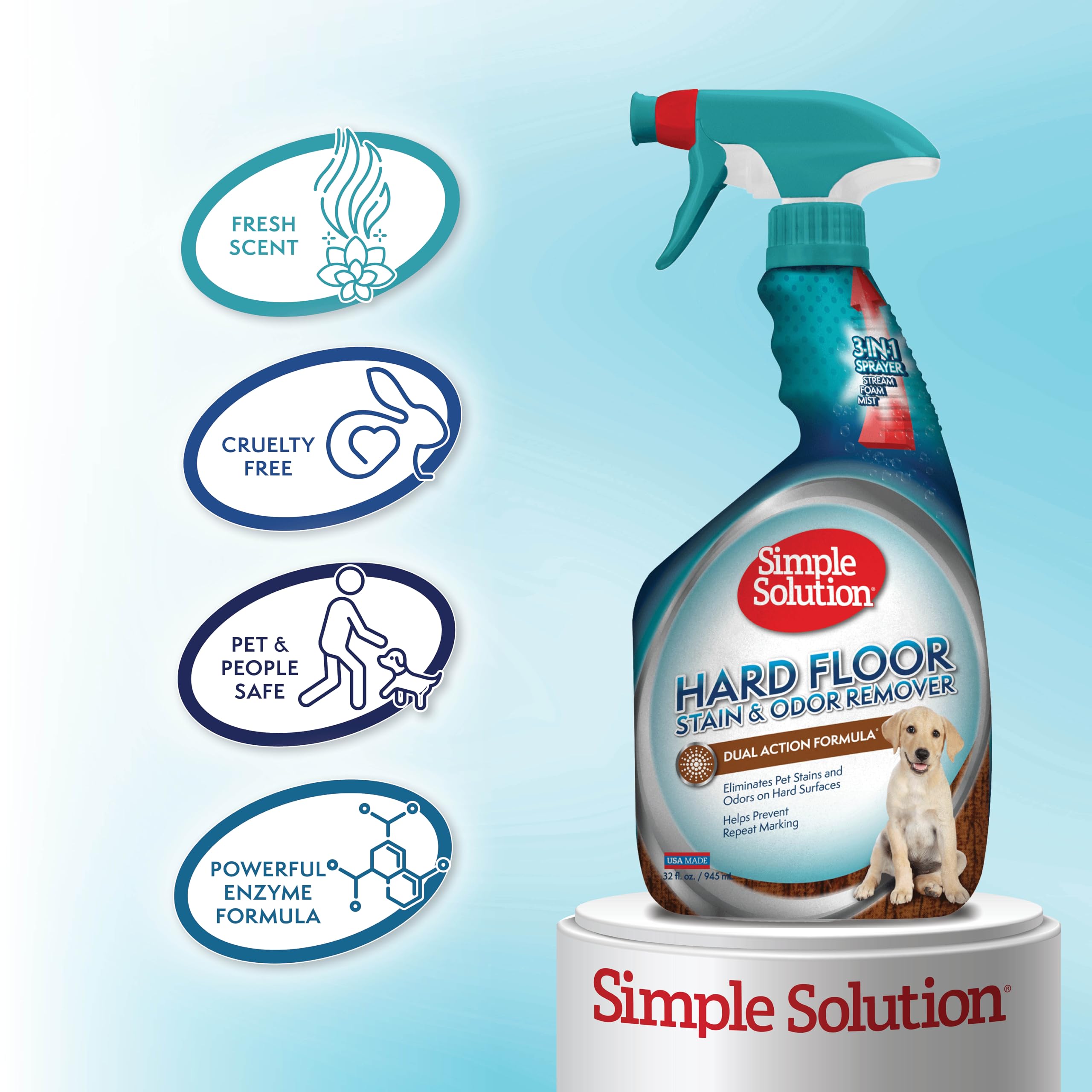 Simple Solution Hard Floor Extreme Pet Stain And Odor Eliminator Spray, Dog And Cat Enzyme Cleaner, Pro-Bacteria Cleaning Power, Strong Urine, Pee And Poop Smell Remover For Hardwood Floors, 32 Oz