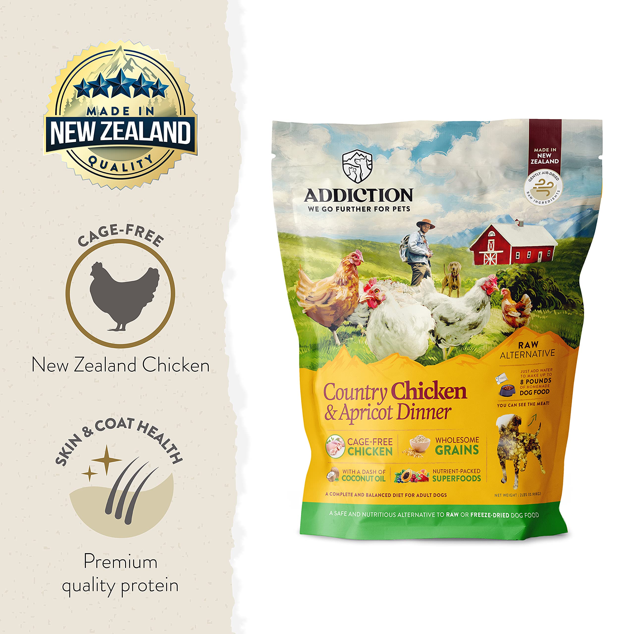 Addiction Country Chicken & Apricot Air-Dried Grain-Free Dog Food - Complete Meal or Topper with Natural Ingredients for Digesti