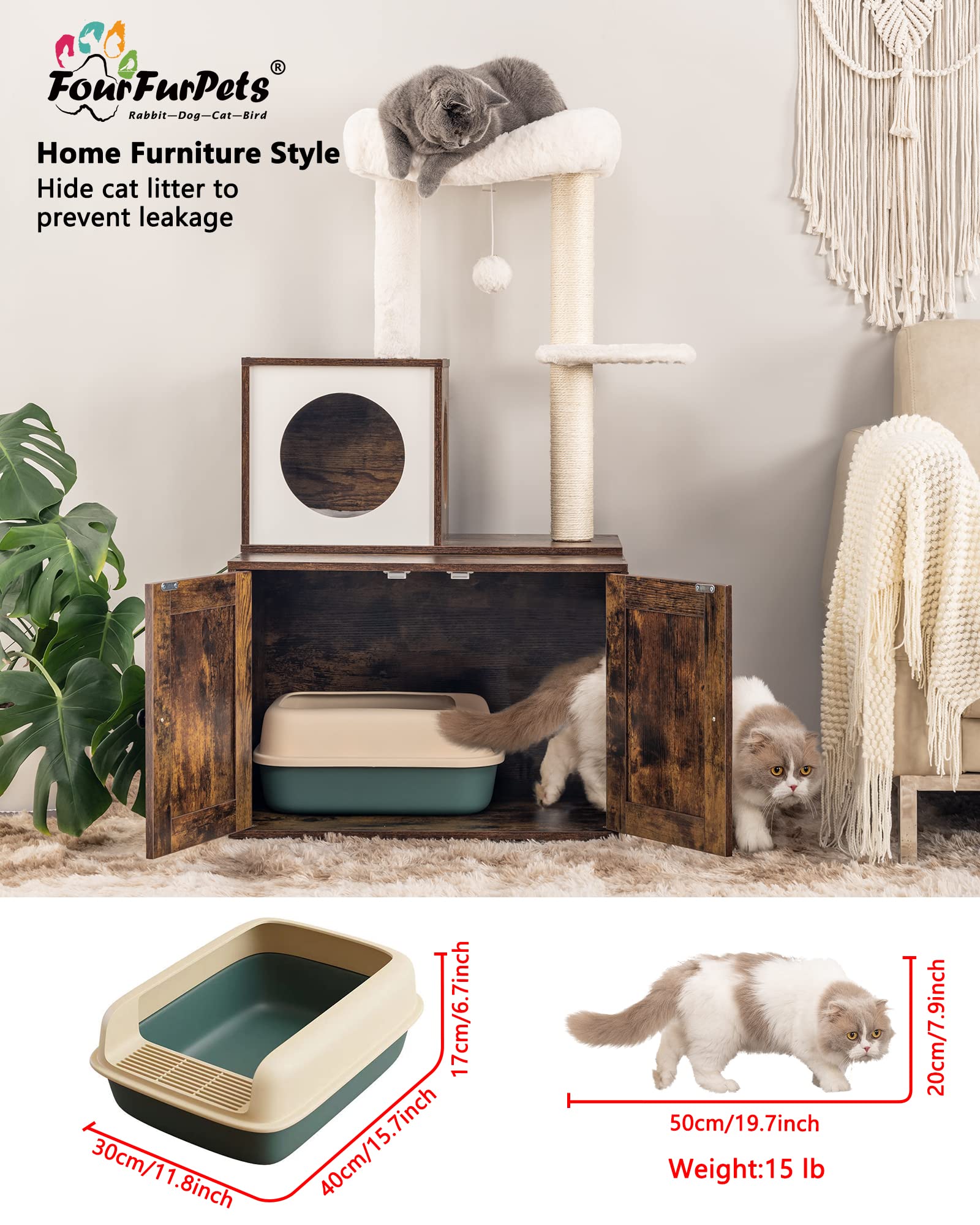 Fourfurpets Multipurpose Cat Litter Box Enclosure With Cat Tree And Condo, Side Table, With Large Platform, Cat House, Full Sisal Posts, Removable Washable Cushion, Rustic Brown