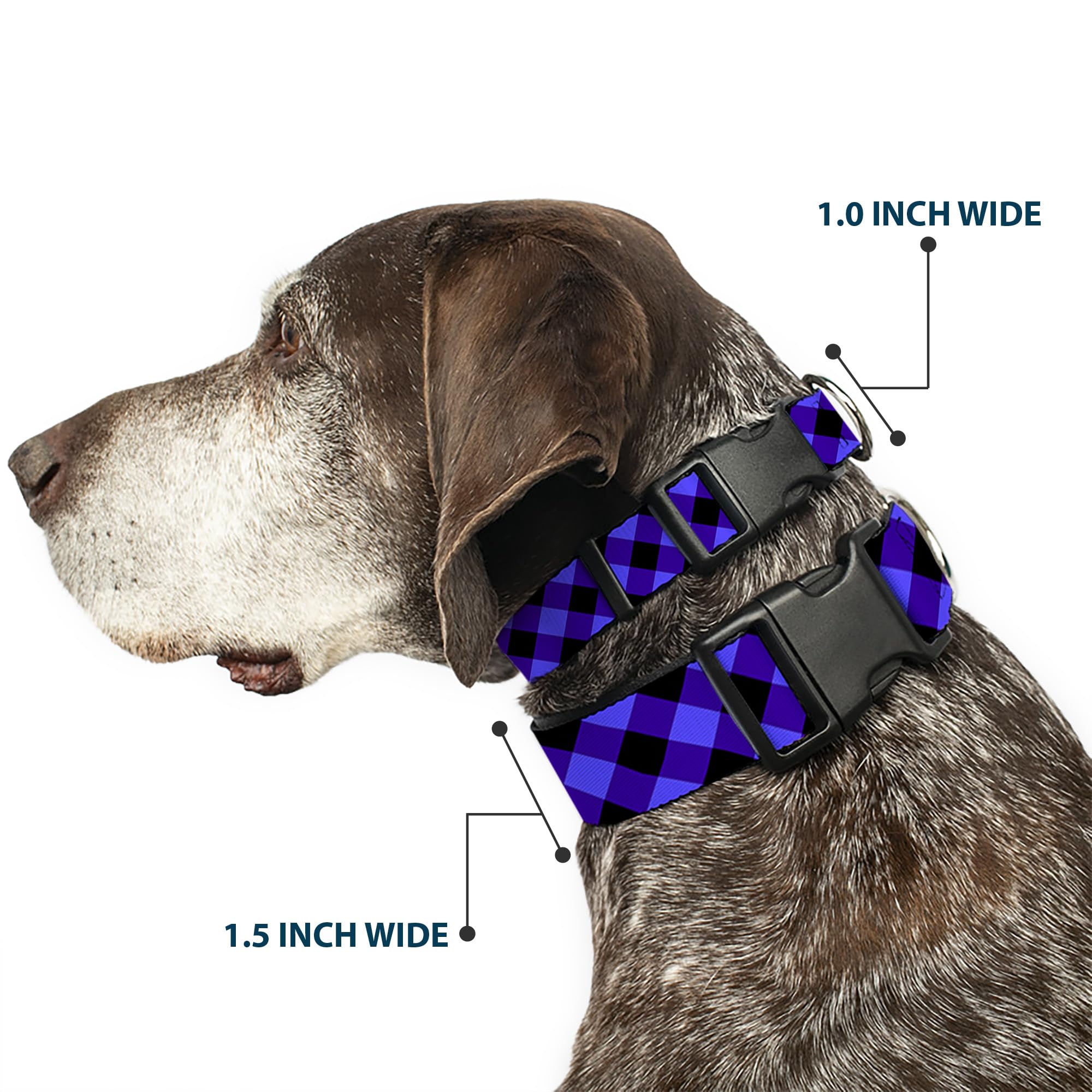 Buckle-Down Plastic Clip Collar - Diagonal Buffalo Plaid Black/Blue - 1/2' Wide - Fits 9-15' Neck - Large