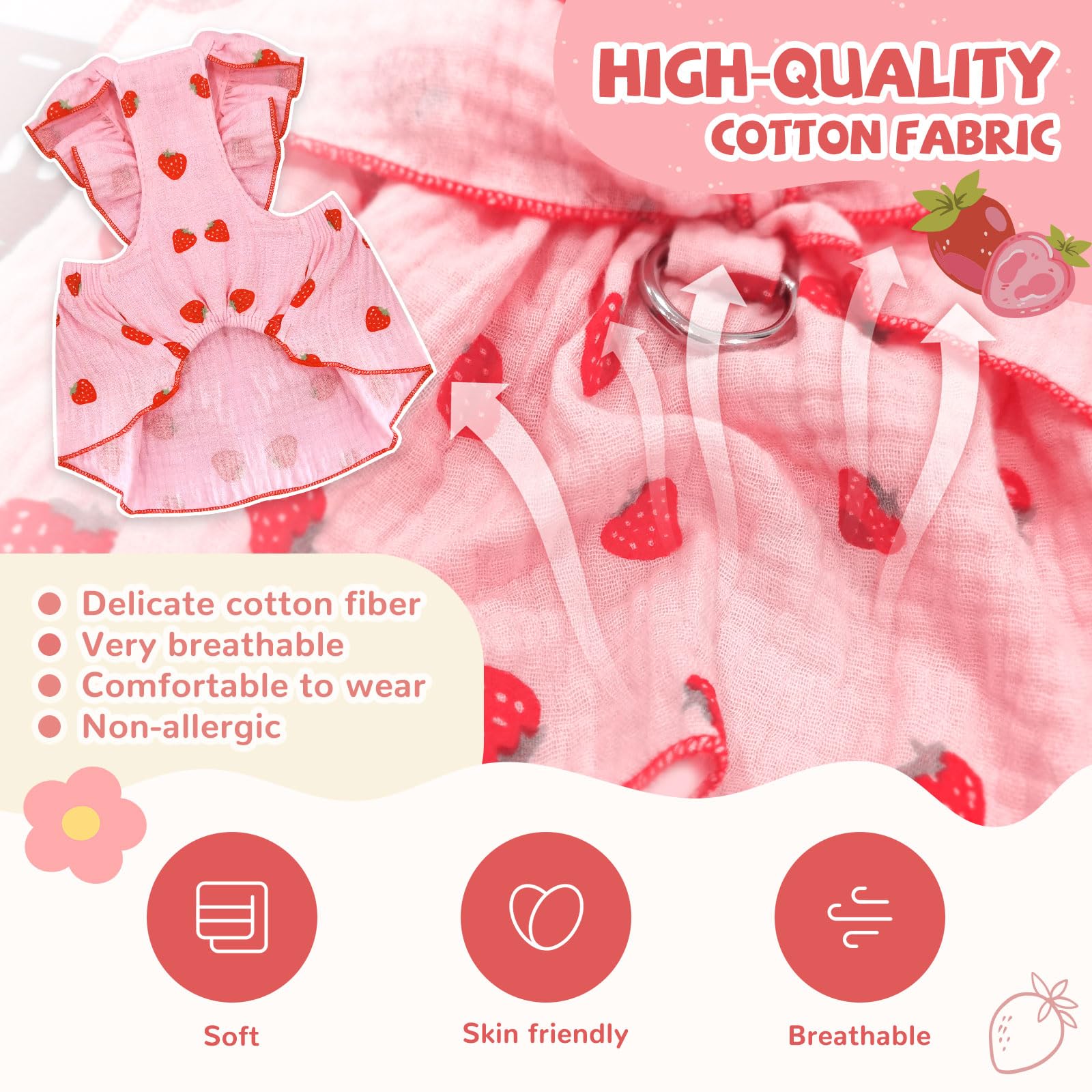 Dog Dresses For Small Dogs Girl Female Clothes Cat Clothes Cat Dress Cute Cotton Extra Summer Bow Decor Printed Strawberry Dog B