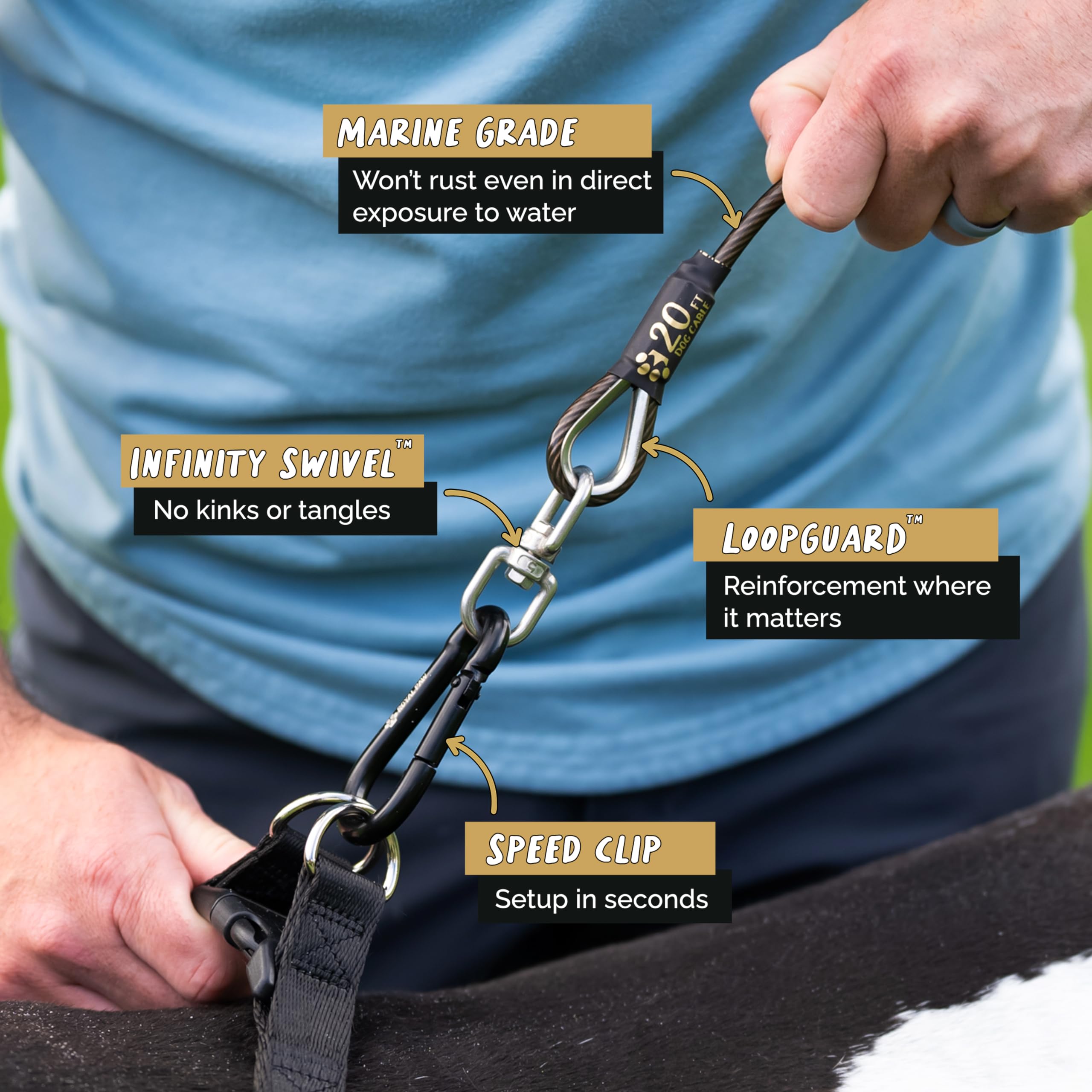 ROYAL PAW Dog Tie Out Cable - Heavy Duty 20ft for Dogs up to 300 lbs - Marine Grade Stainless Steel - Black Onyx