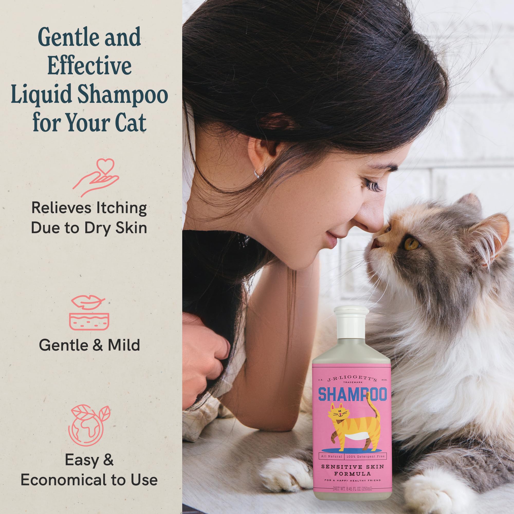 JRLIGGETTS Cat Liquid Shampoo Great for Sensitive Skin | Relieves Dry, Itchy Skin | Hypoallergenic Formula | 100% Detergent-Fre