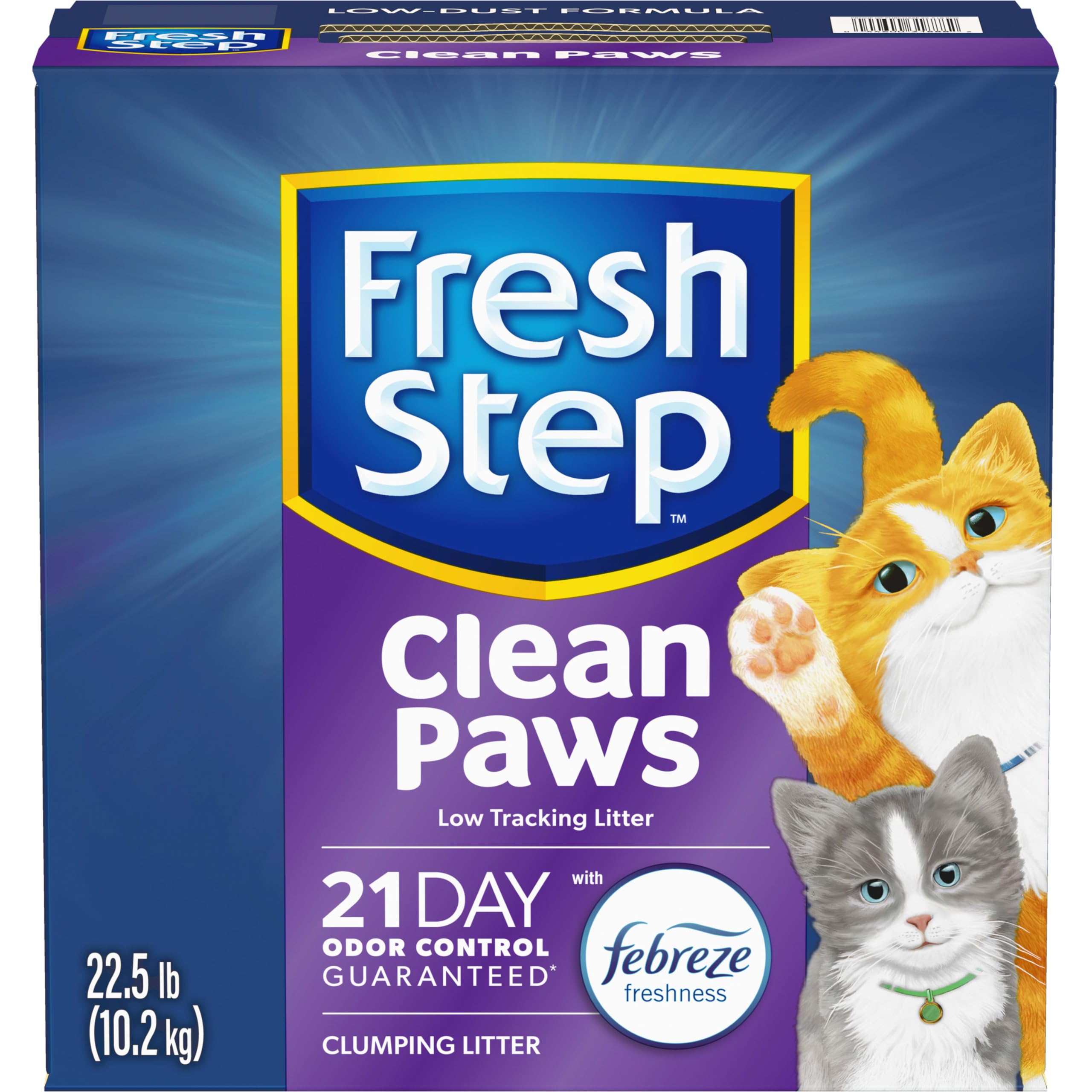 Fresh Step Clean Paws Cat Litter With Febreze Freshness, Multi-Cat Low-Tracking Clumping Litter With Guaranteed Odor Control, 22.5 Lb. Box